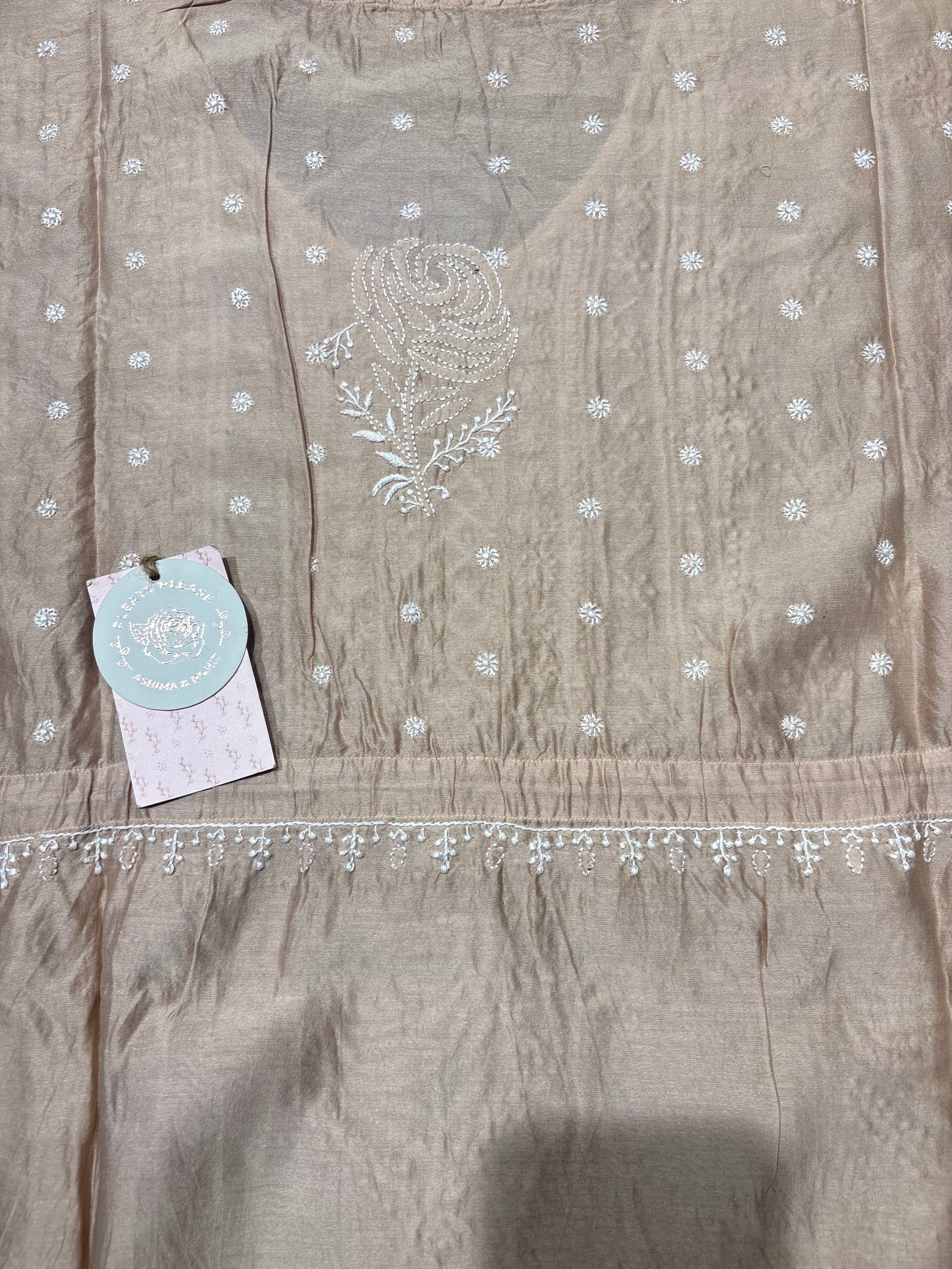 Dusty Peach Chanderi Silk Chikankari Kaftan
