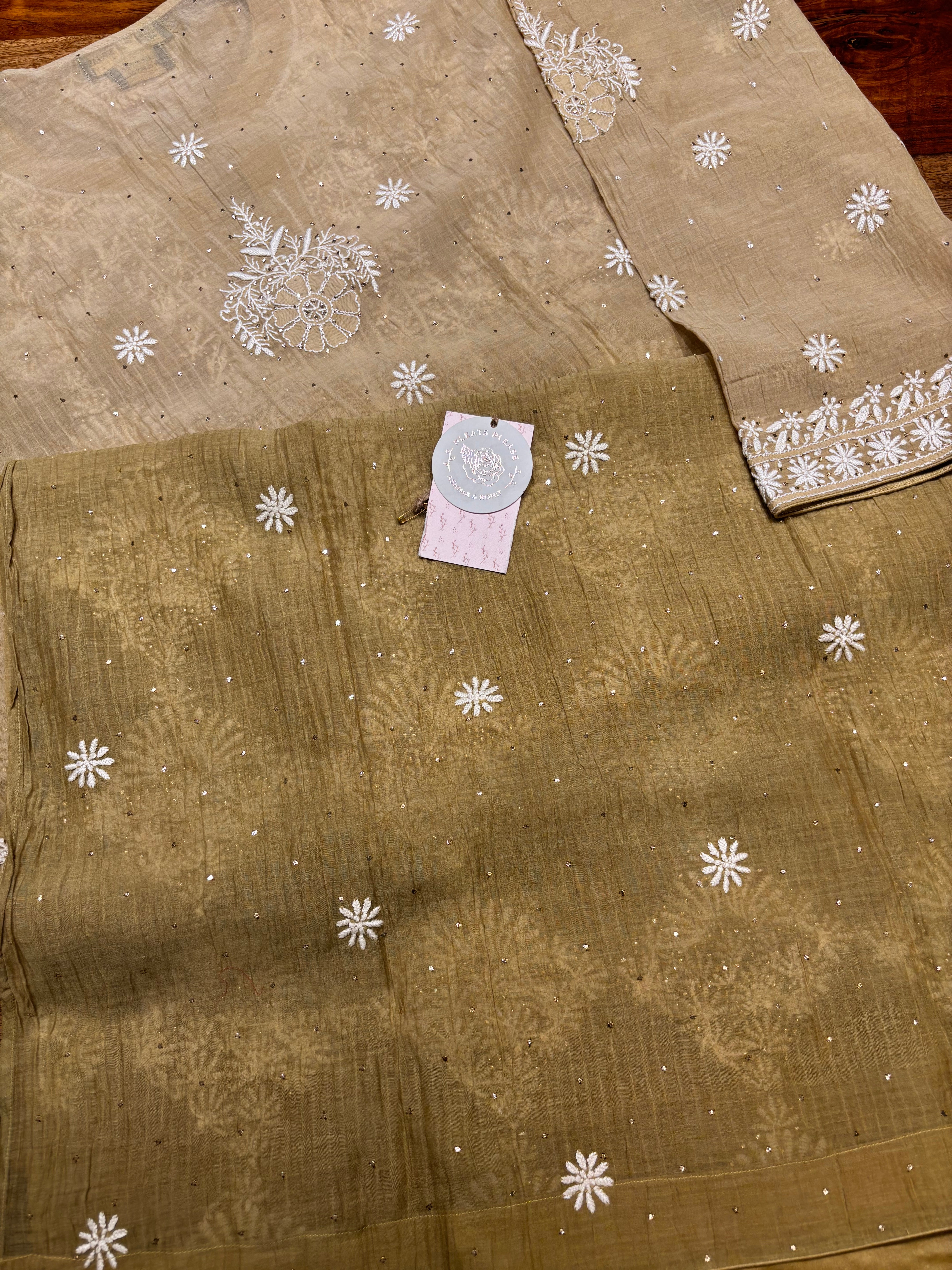Olive Green Ombré Chanderi Mul Chikankari & Mukaish Kurta and Heavy Dupatta Set
