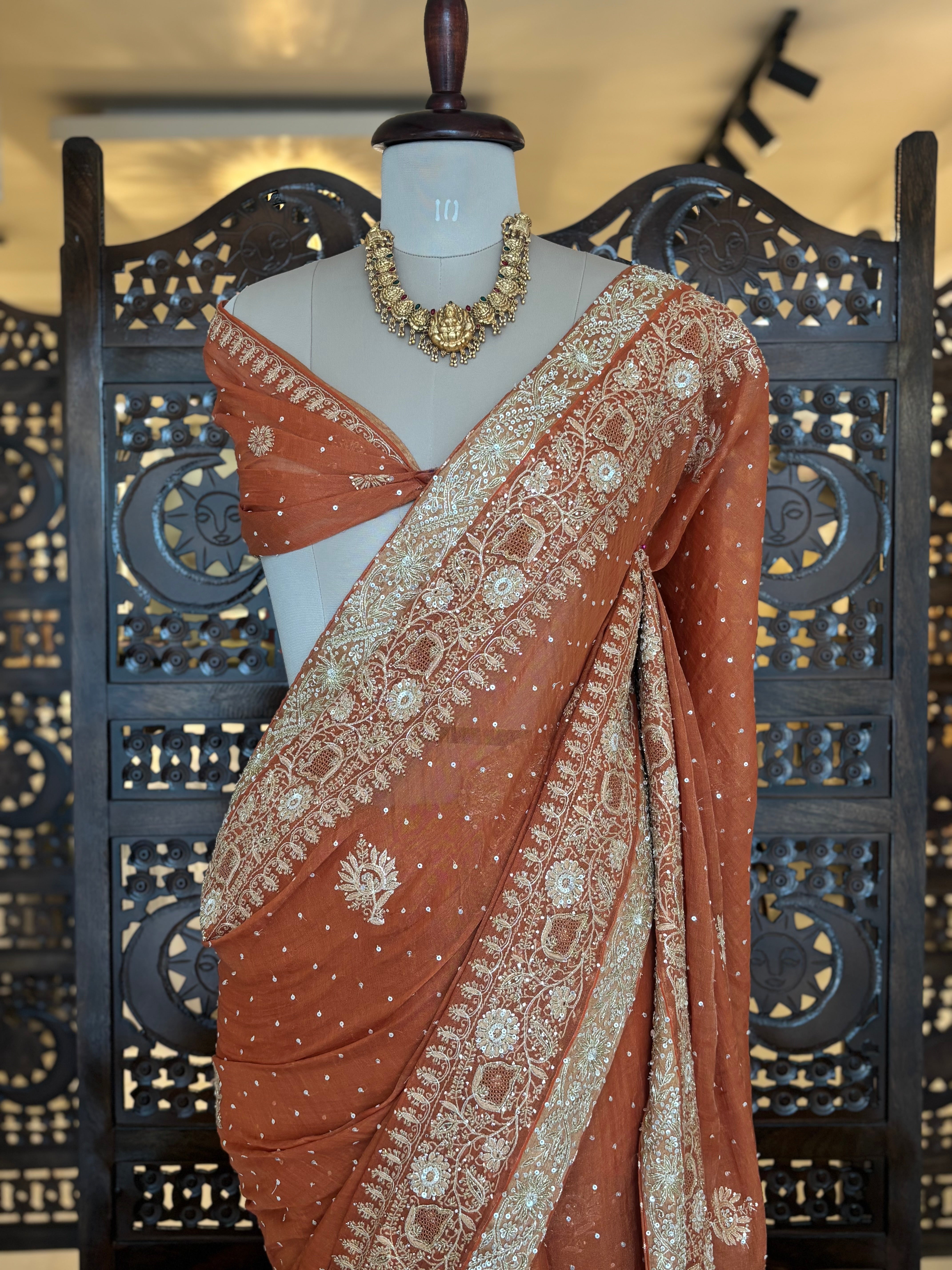 Burnt Orange Pure and Premium Tissue Chikankari Saree and Blouse - Pleats PleaseChikankari