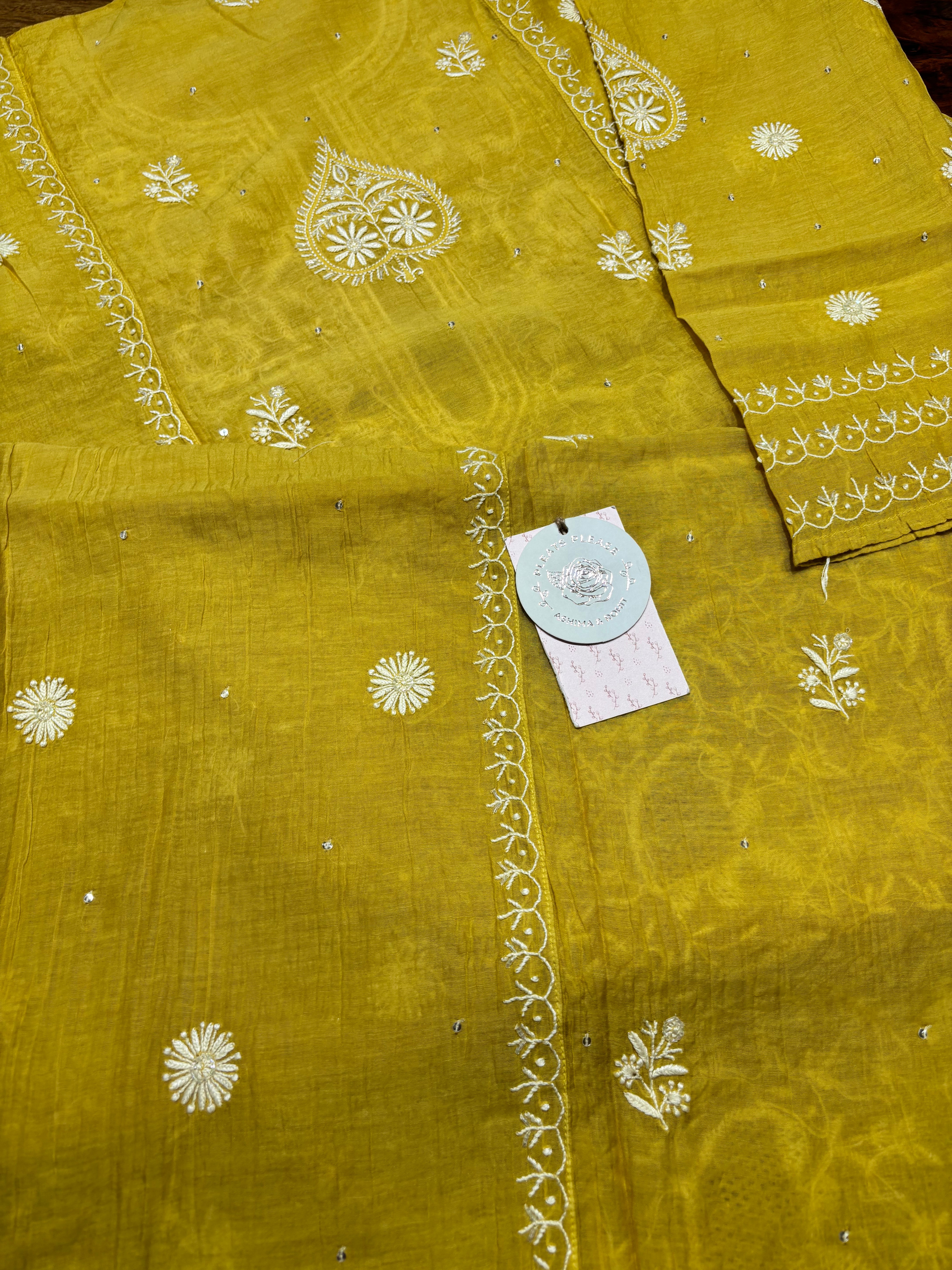 Mustard Chanderi Mul Chikankari Kurta and Dupatta Set