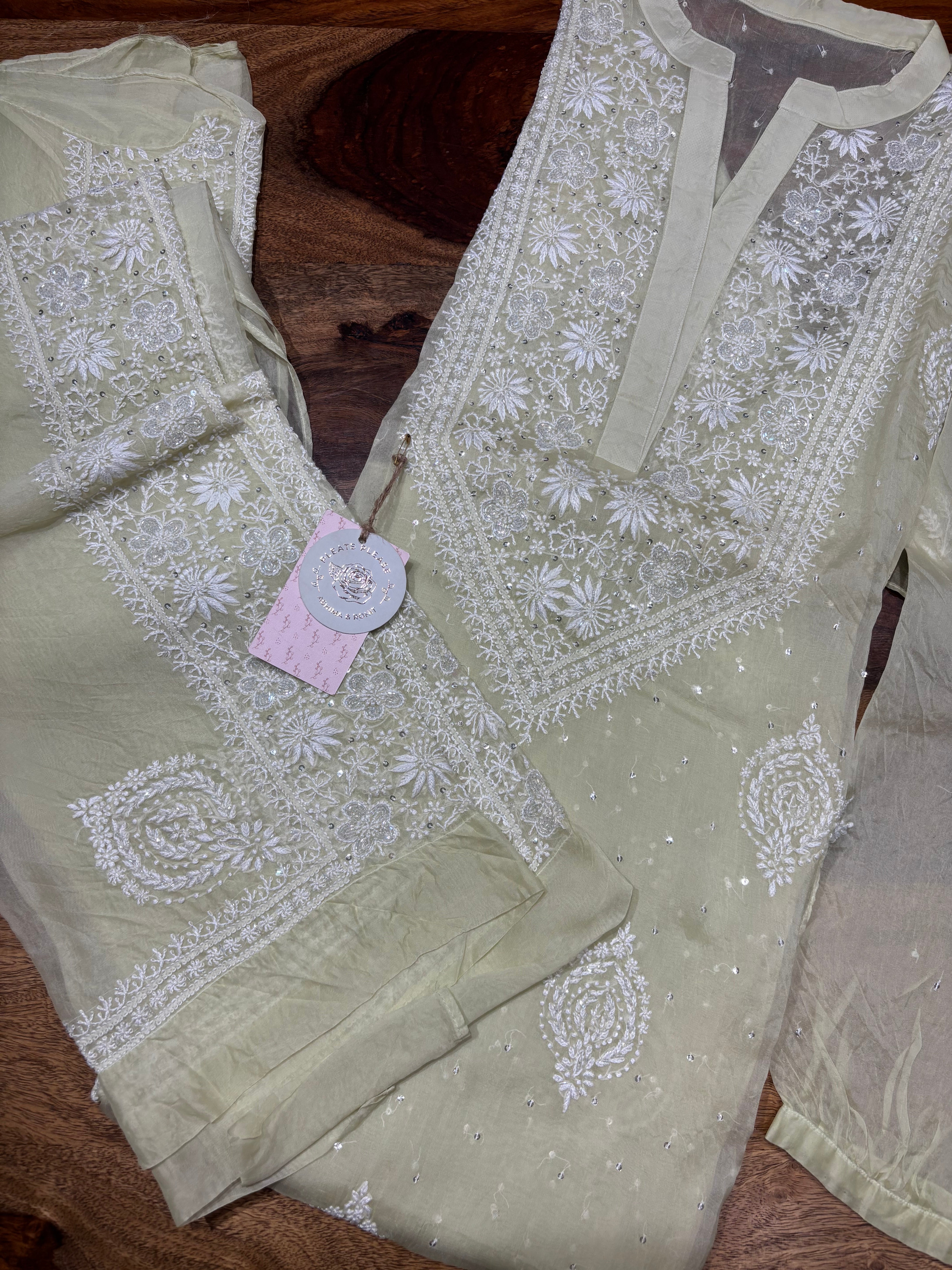 Pistachio Green Pure And Premium Organza Chikankari Co-ord Set