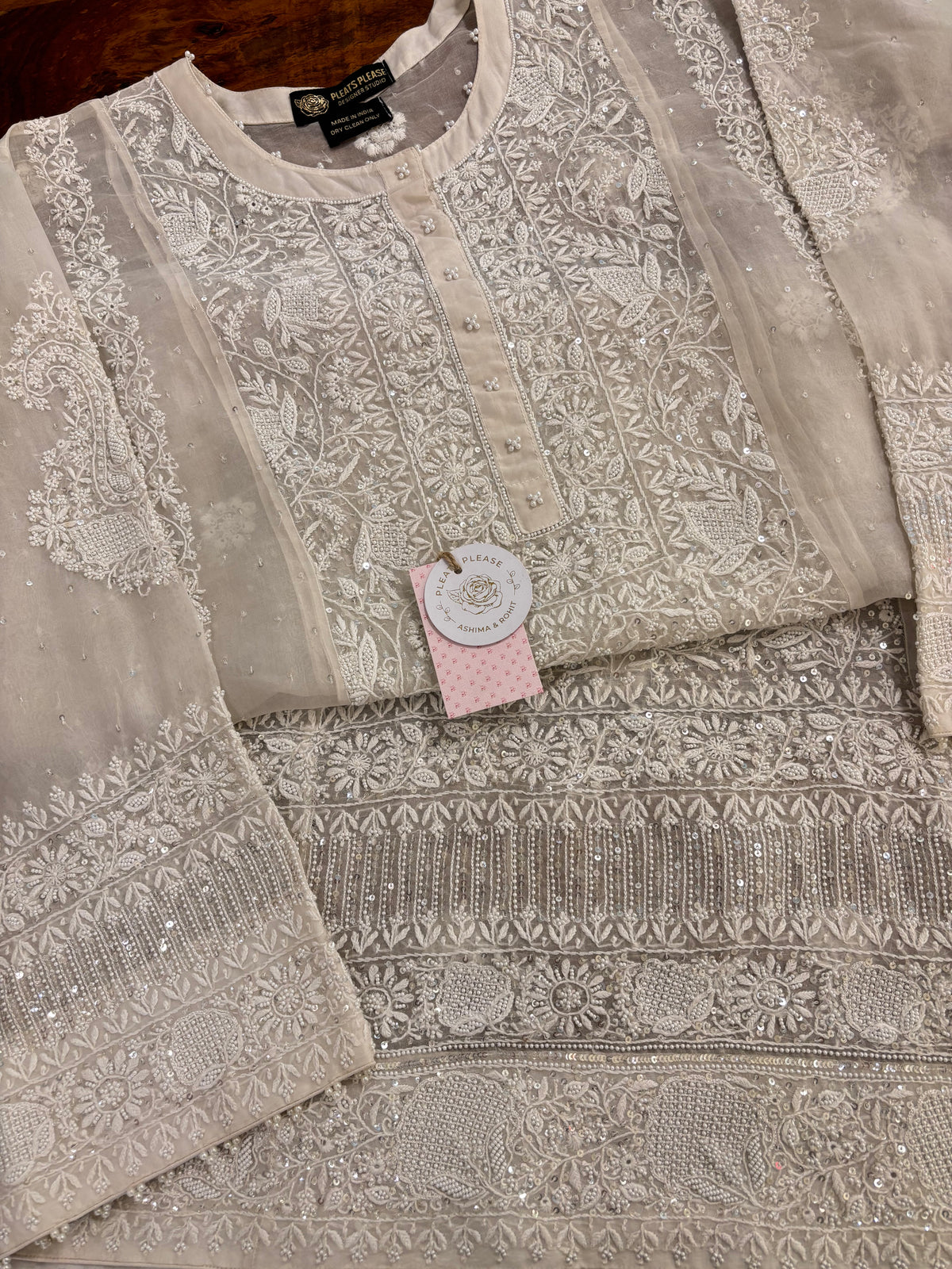 Dyeable Pure Organza Chikankari Kurta, Dupatta With Bottom