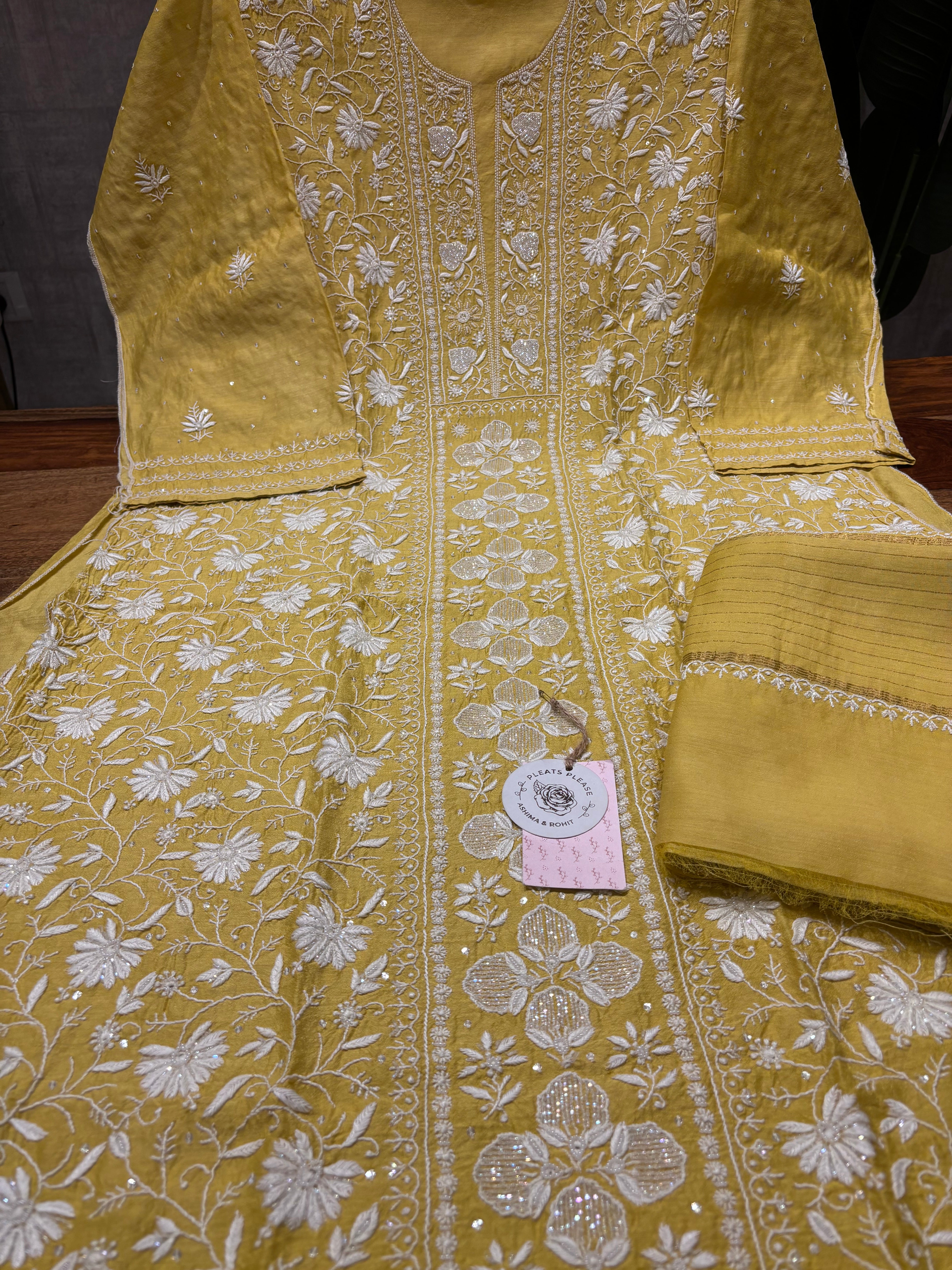 Yellow Monga Silk Chikankari Kurta and Dupatta set