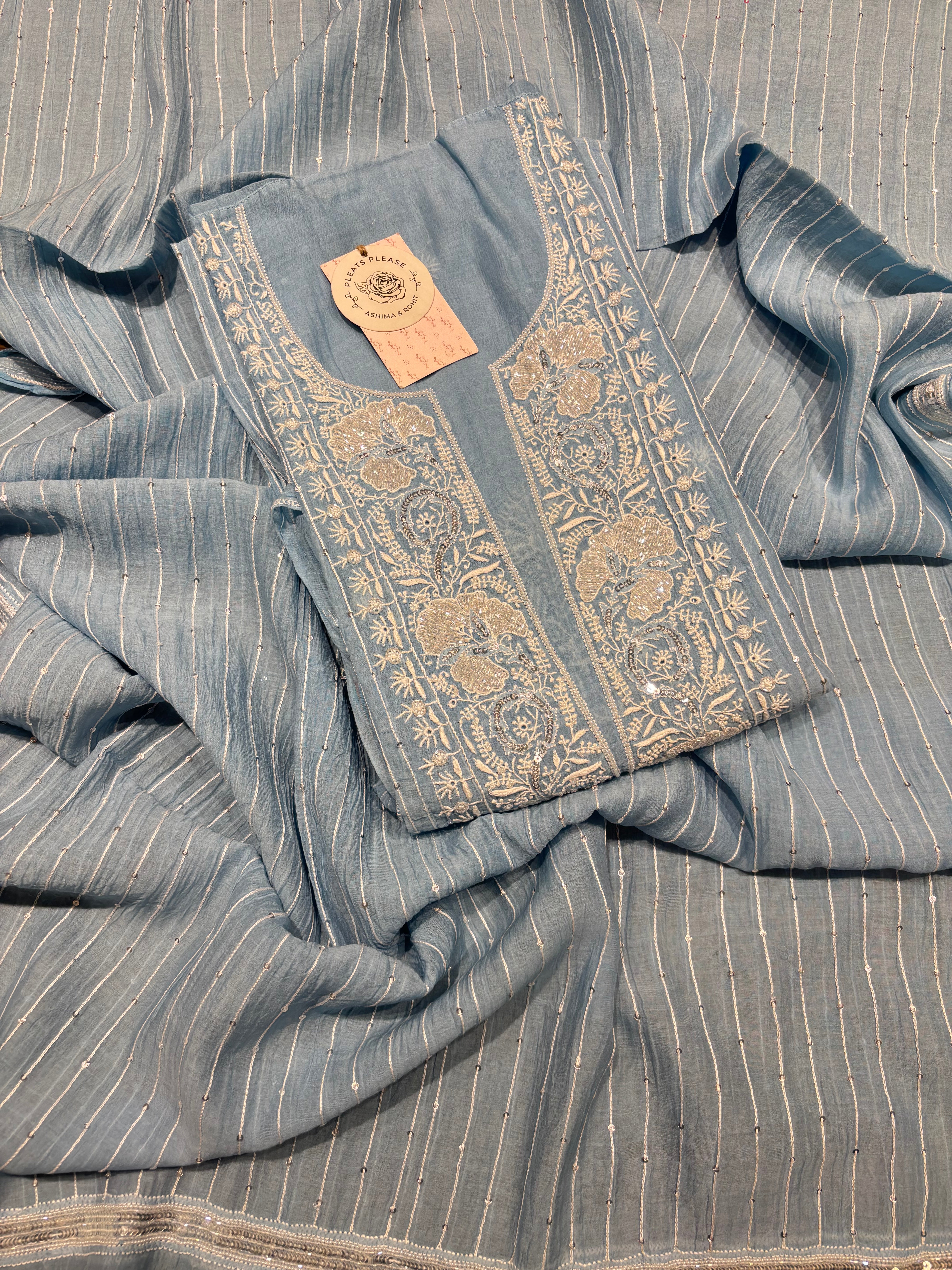 Powder Blue chanderi Mul Chikankari Kurta and Dupatta Set
