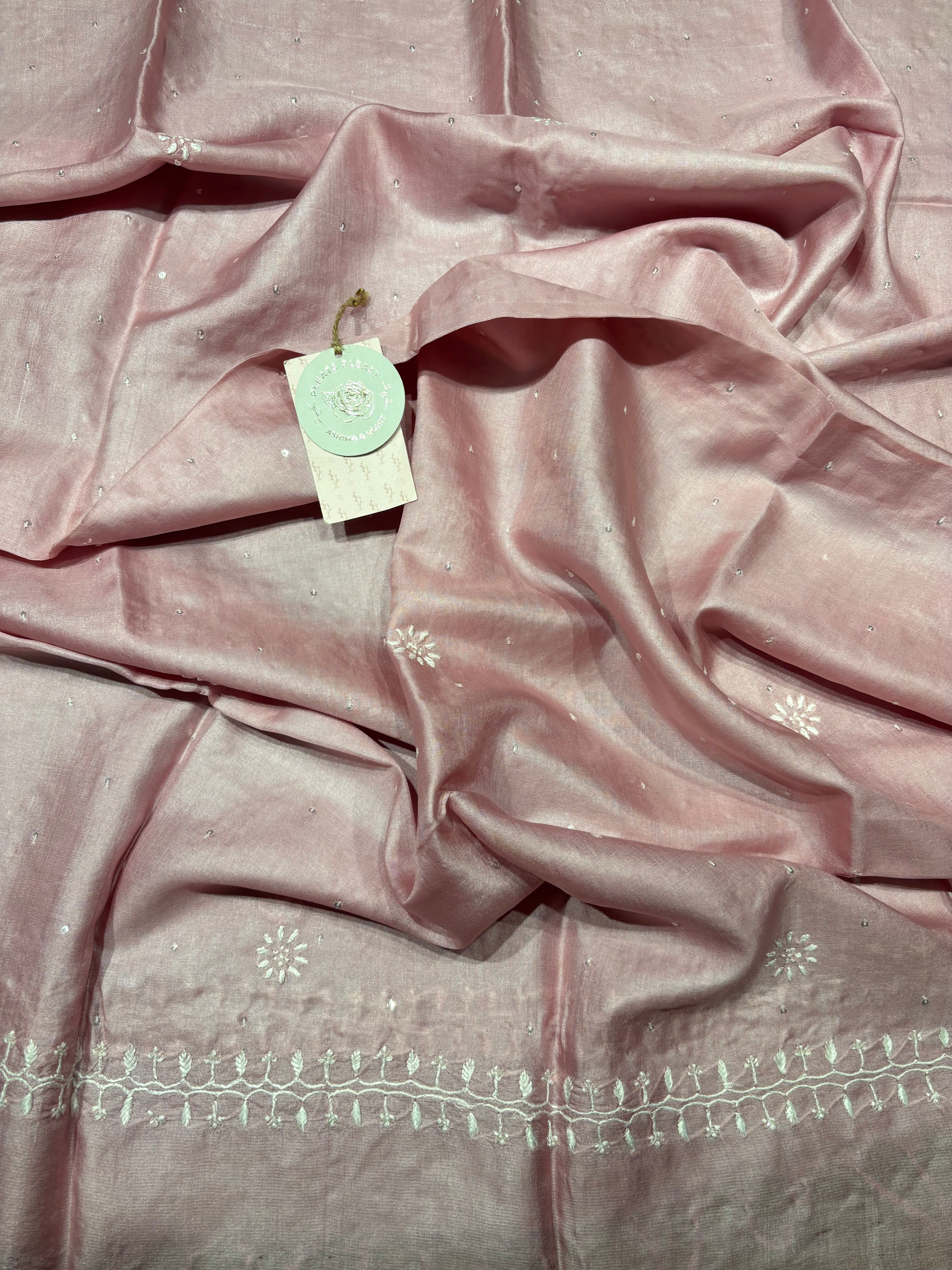 Onion Pink Tussar Silk Chikankari Kurta And Dupatta Set