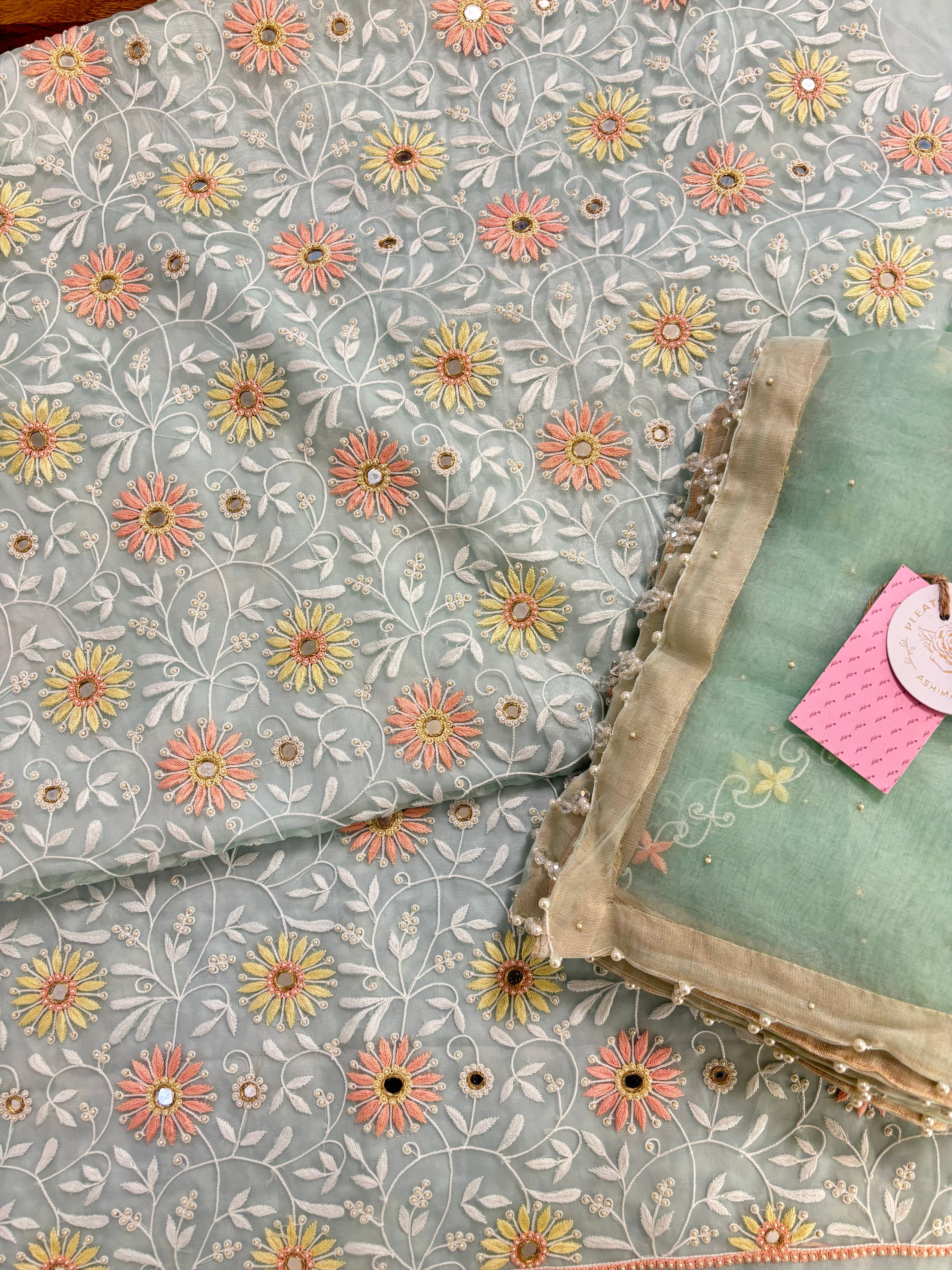 Sage Green Organza Mirror Chikankari Kurta & Dupatta