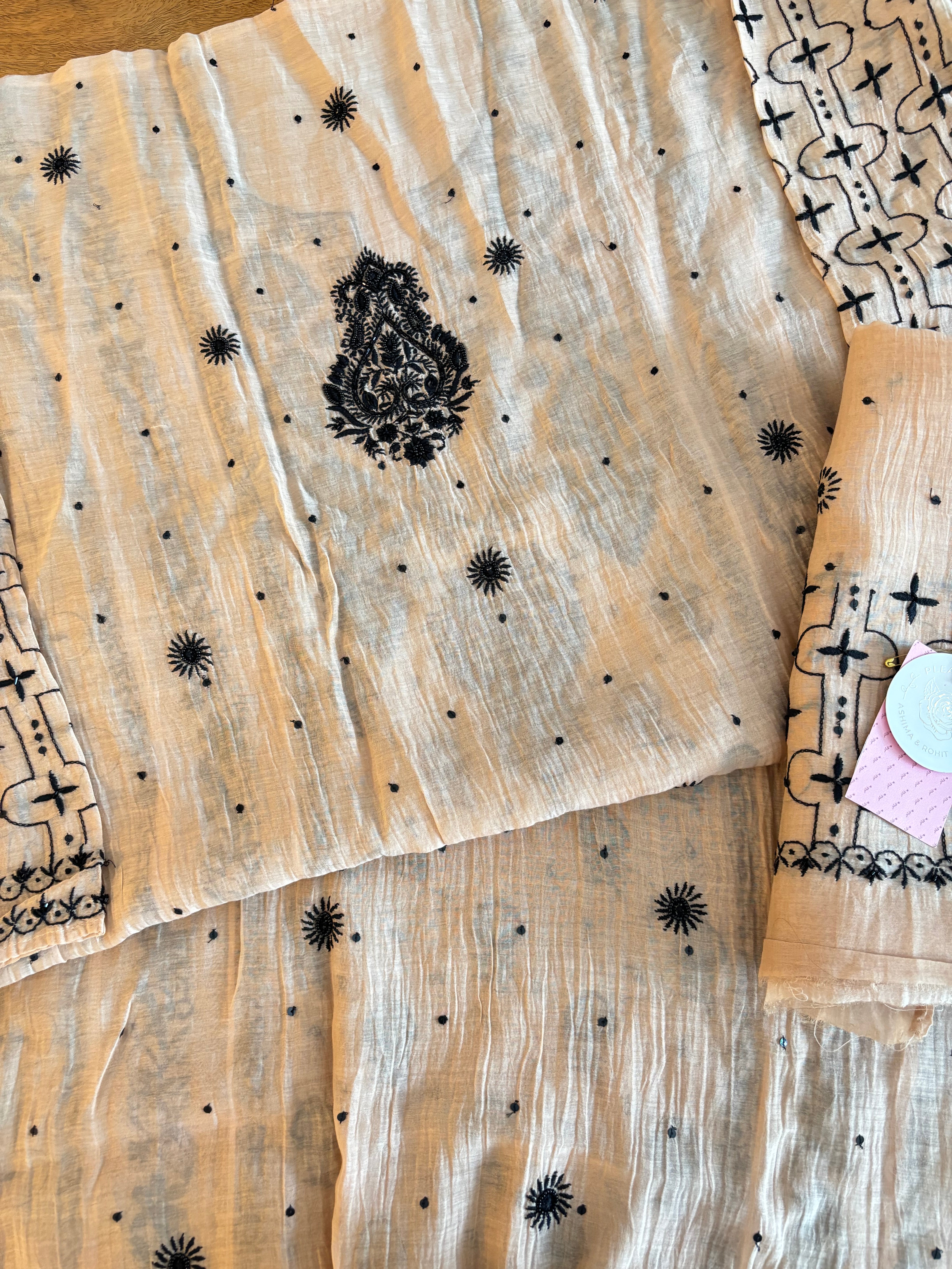 Cream peach Chanderi Mul Chikankari A-line Kurta & Dupatta