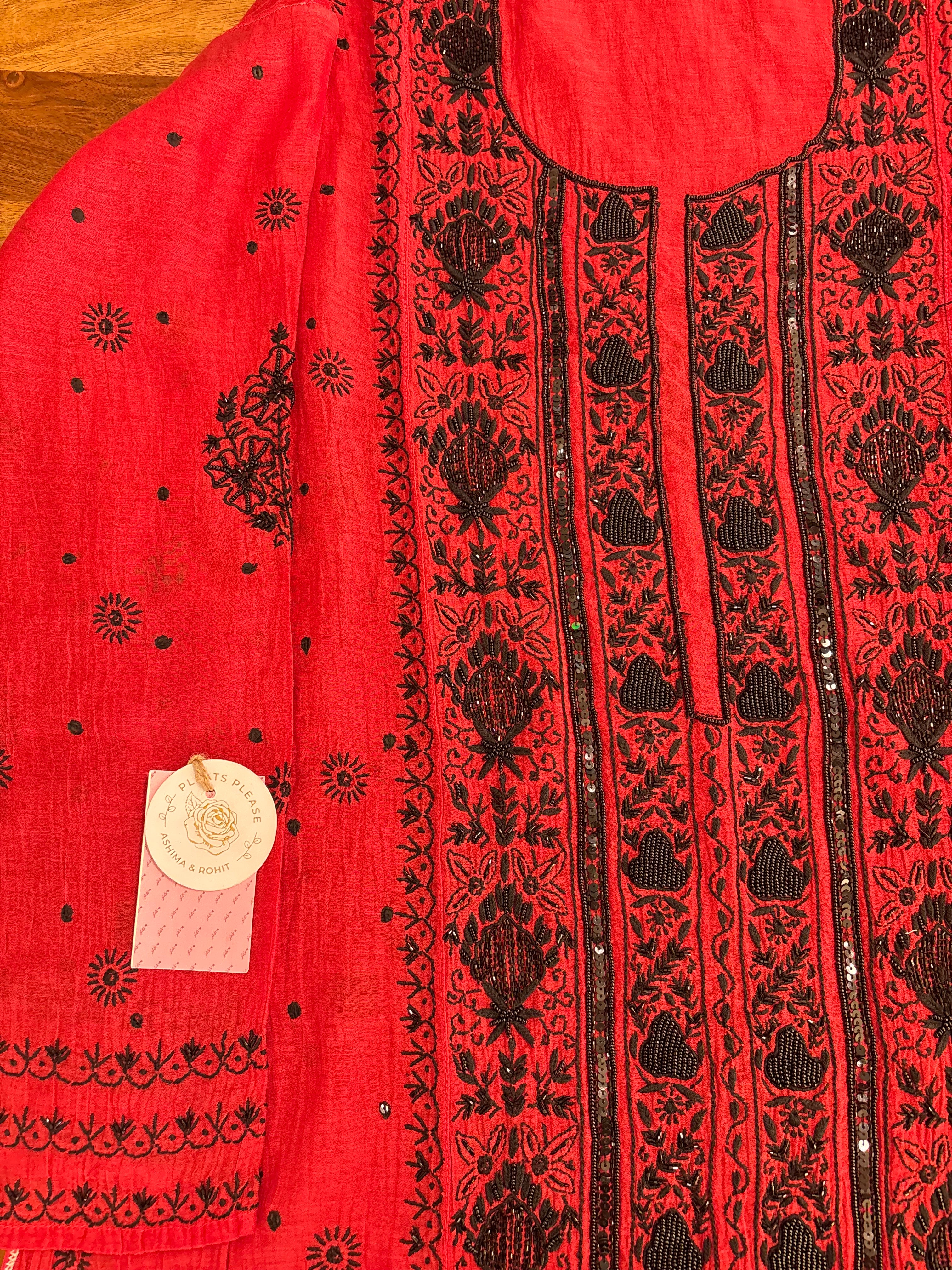 Red Chanderi Chikankari Kurta & Dupatta