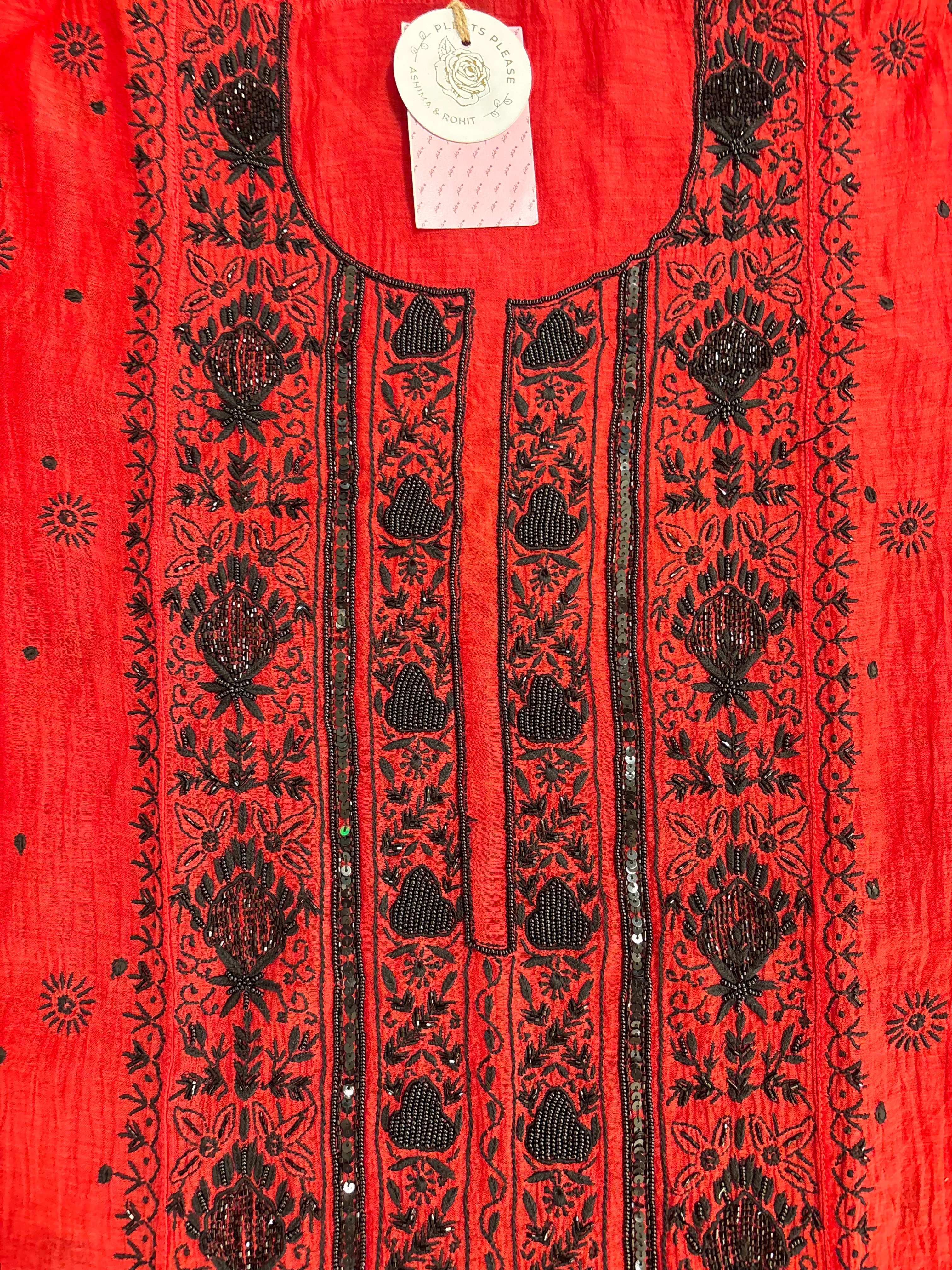 Red Chanderi Chikankari Kurta & Dupatta