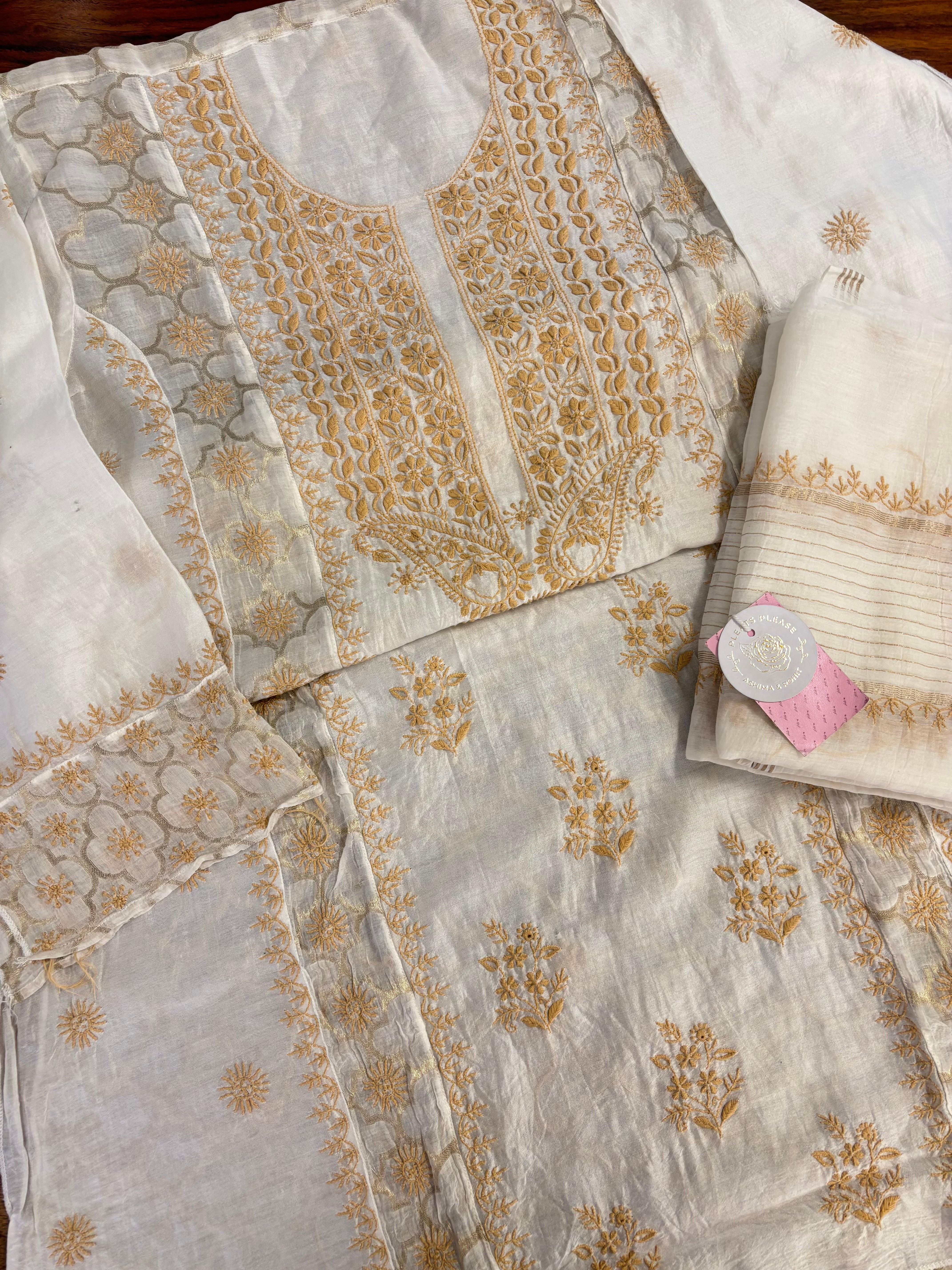 Dyeable Pure Chanderi Chikankari Kurta & Dupatta