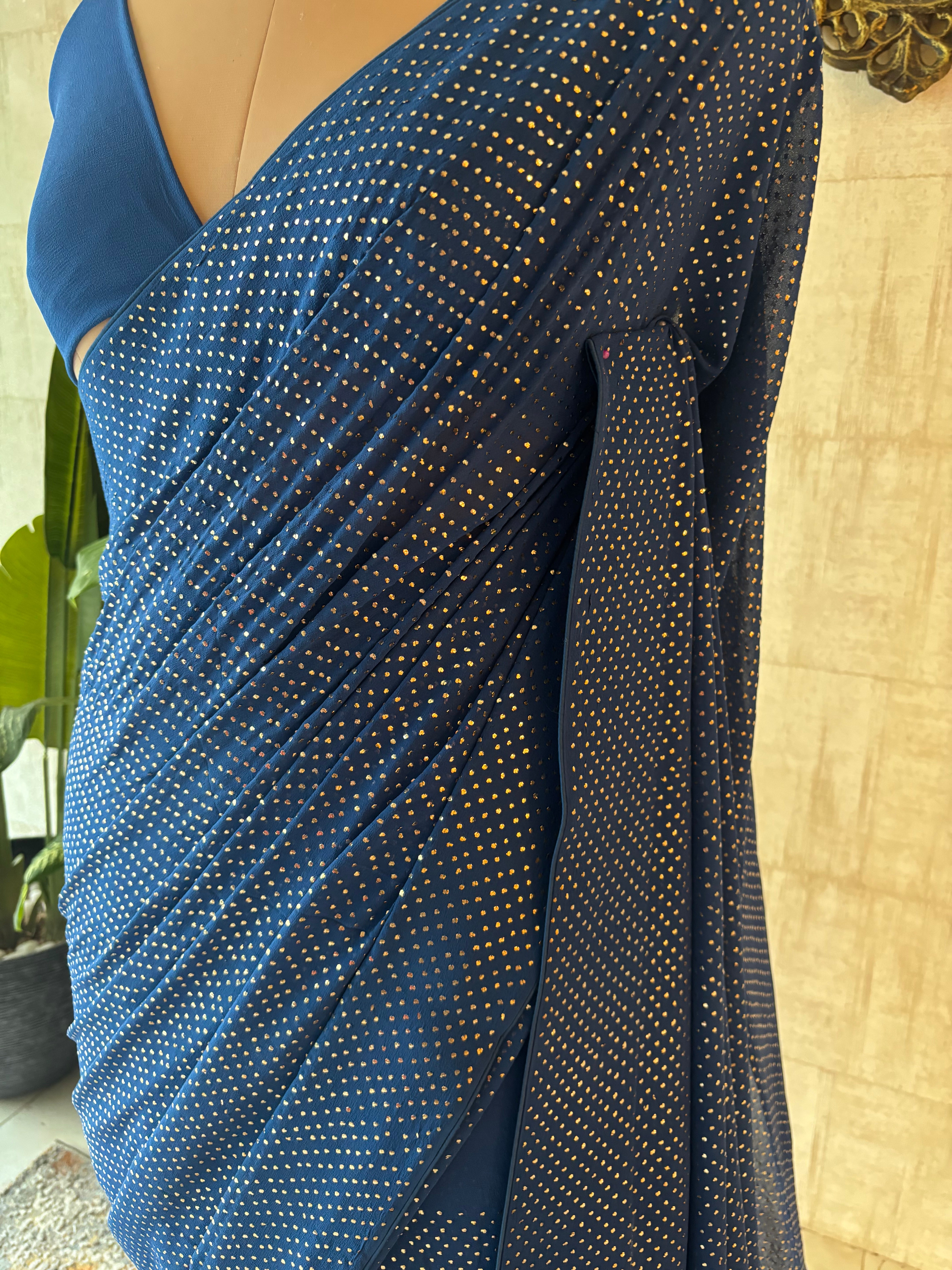 Electric Blue Pure & Premium Georgette Mukaish Saree & Blouse