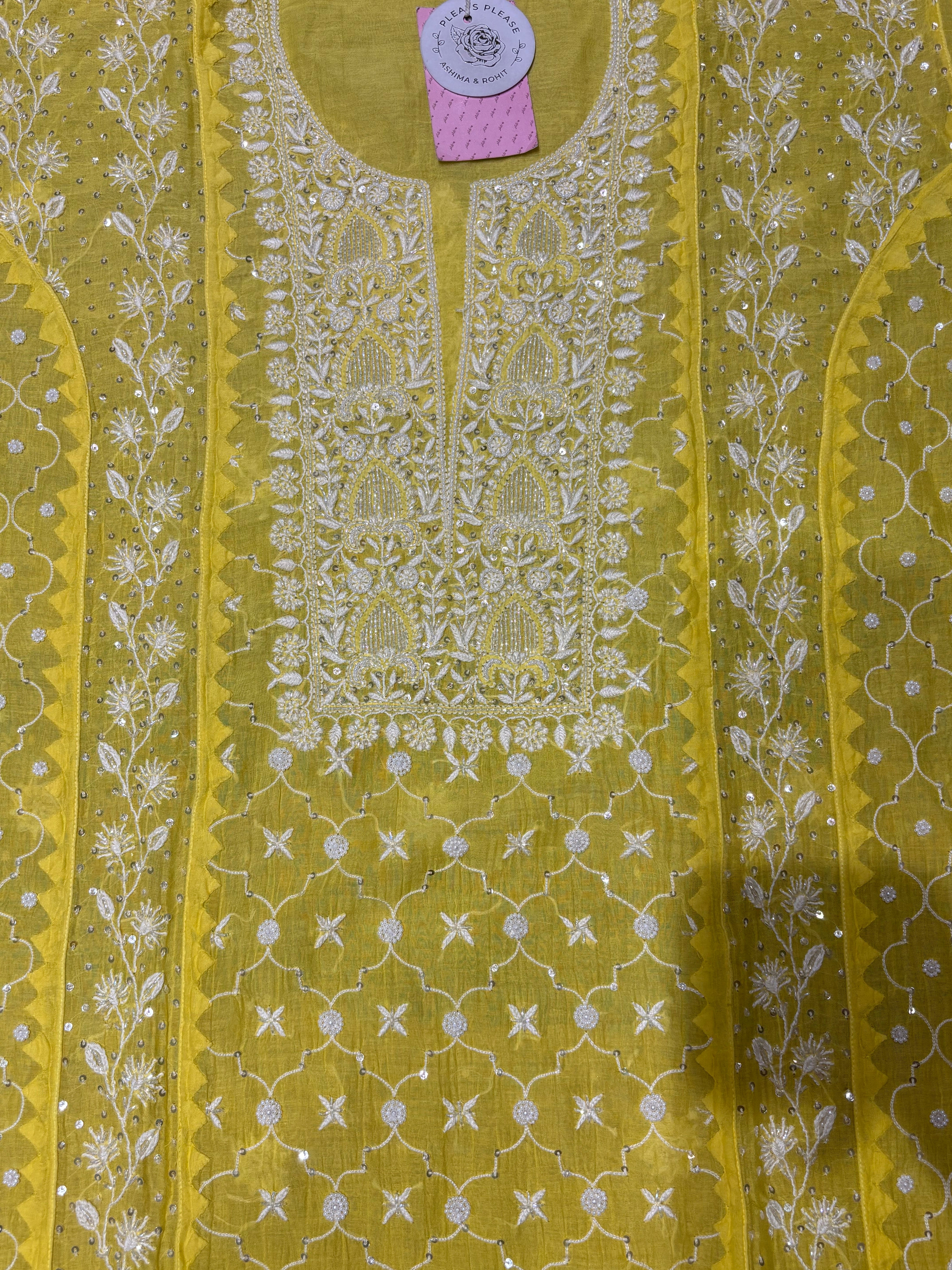 Lemon Yellow Pure Chanderi Chikankari Kurta & Dupatta