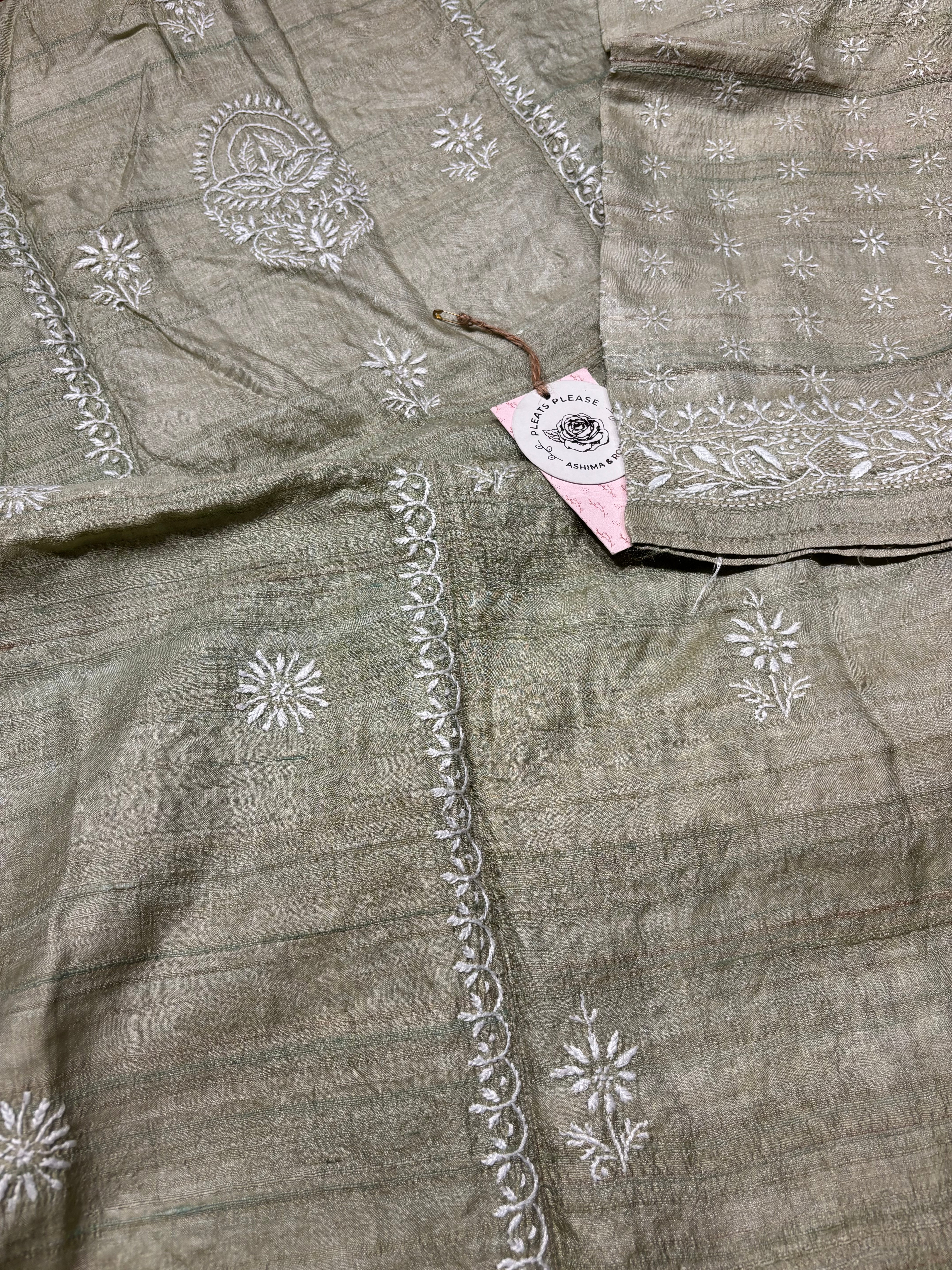 Sage Green Tussar silk Chikankari Kurta and Dupatta set