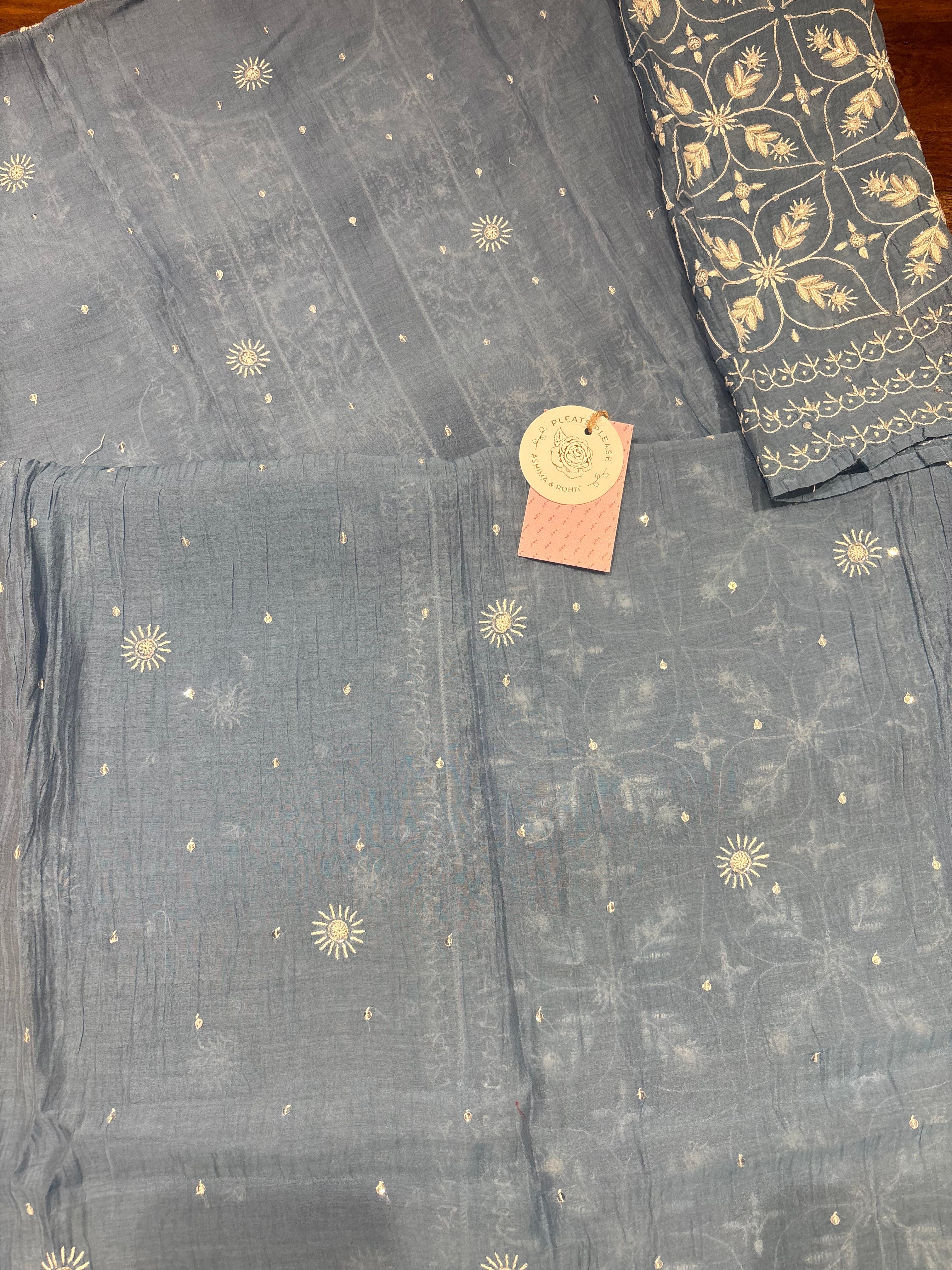 Blue Chanderi Mul Chikankari Kurta and Dupatta Set