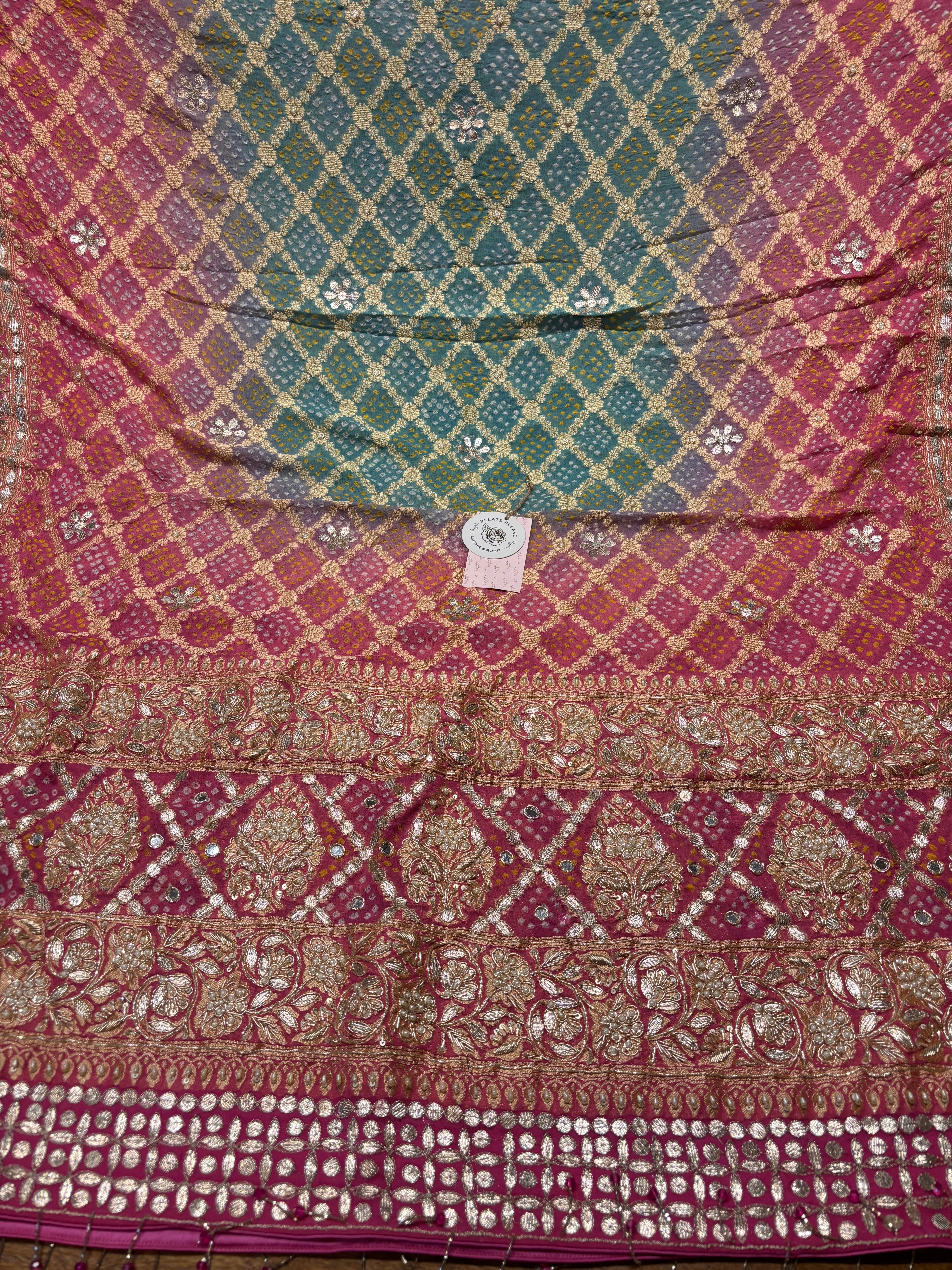 Pink and teal Bandhej Khaddi Georgette Dupatta