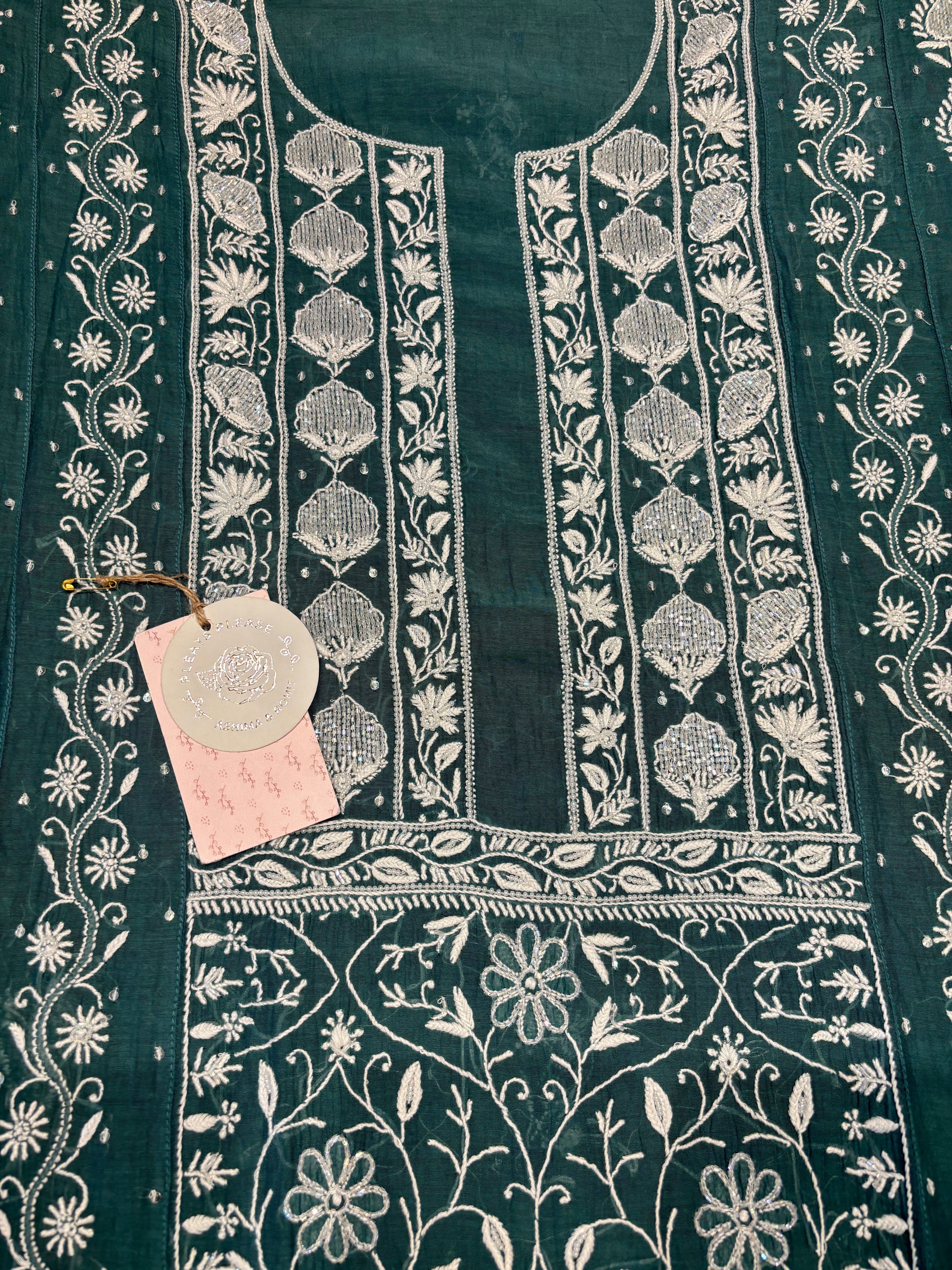 Teal Green Chanderi Mul Chikankari Anarkali and dupatta