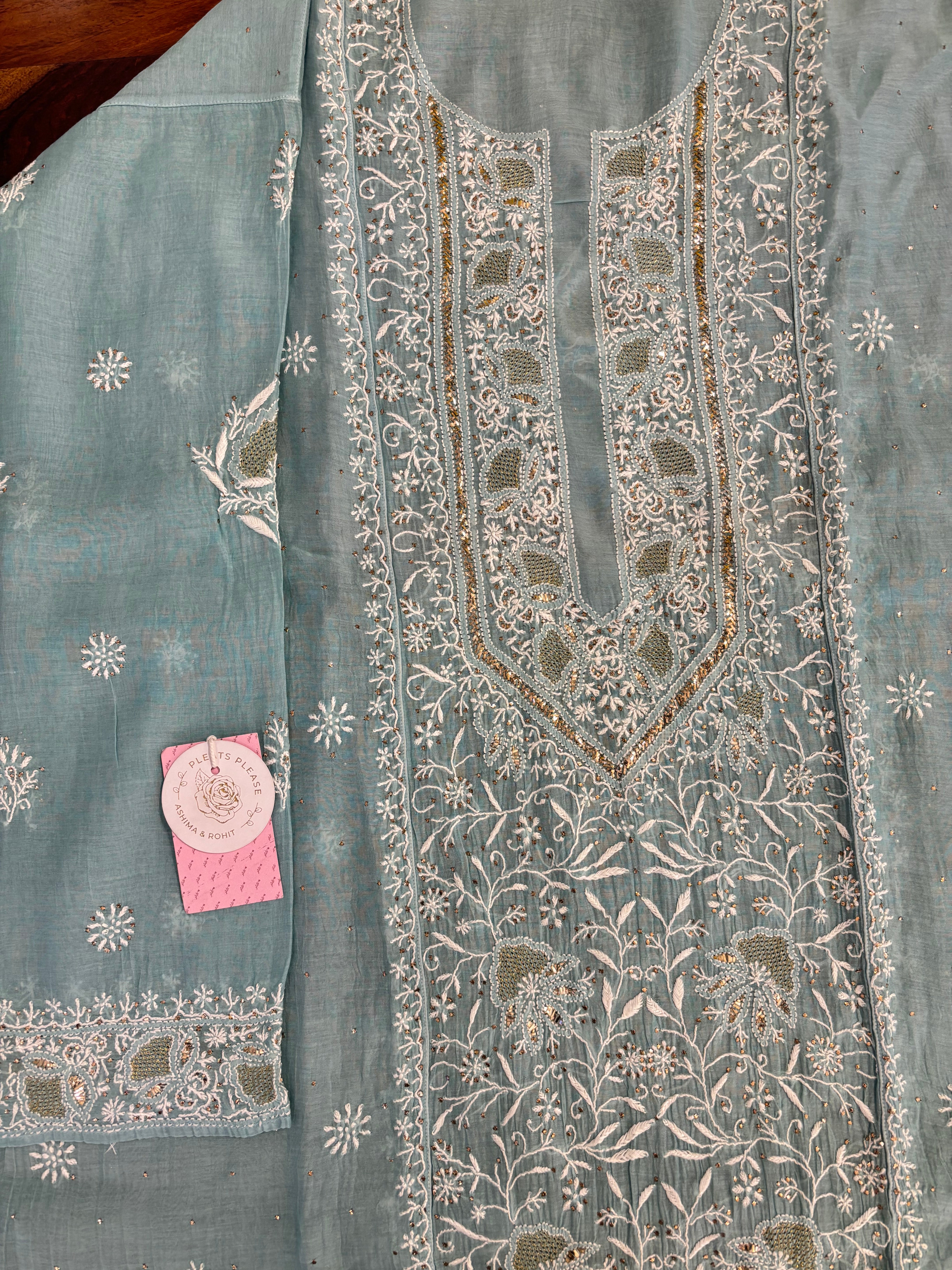 Aqua Blue Chanderi Mul Mukaish & Chikankari Kurta & Dupatta