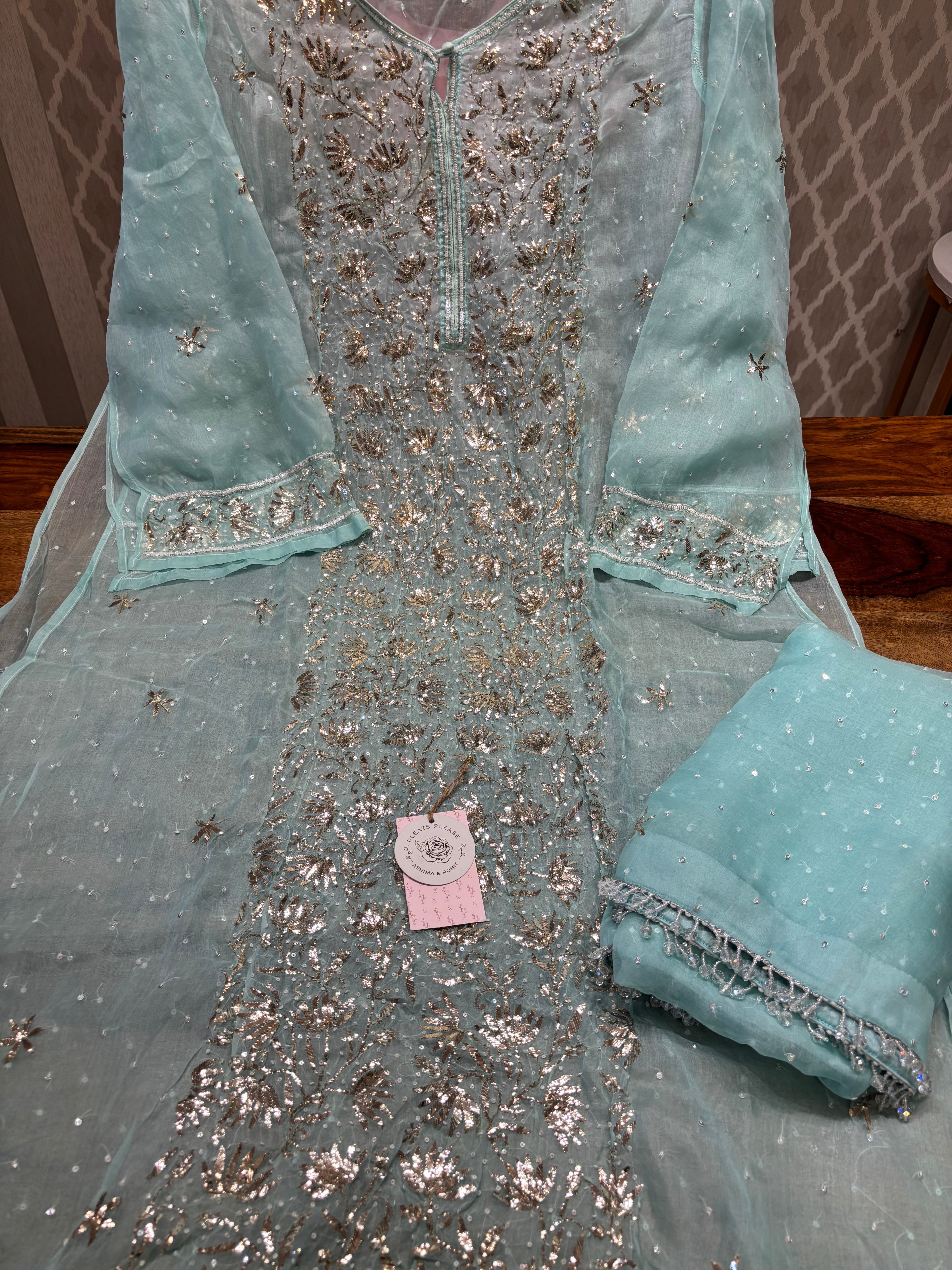 Sea Foam Organza Mukaish Kurta and Dupatta set