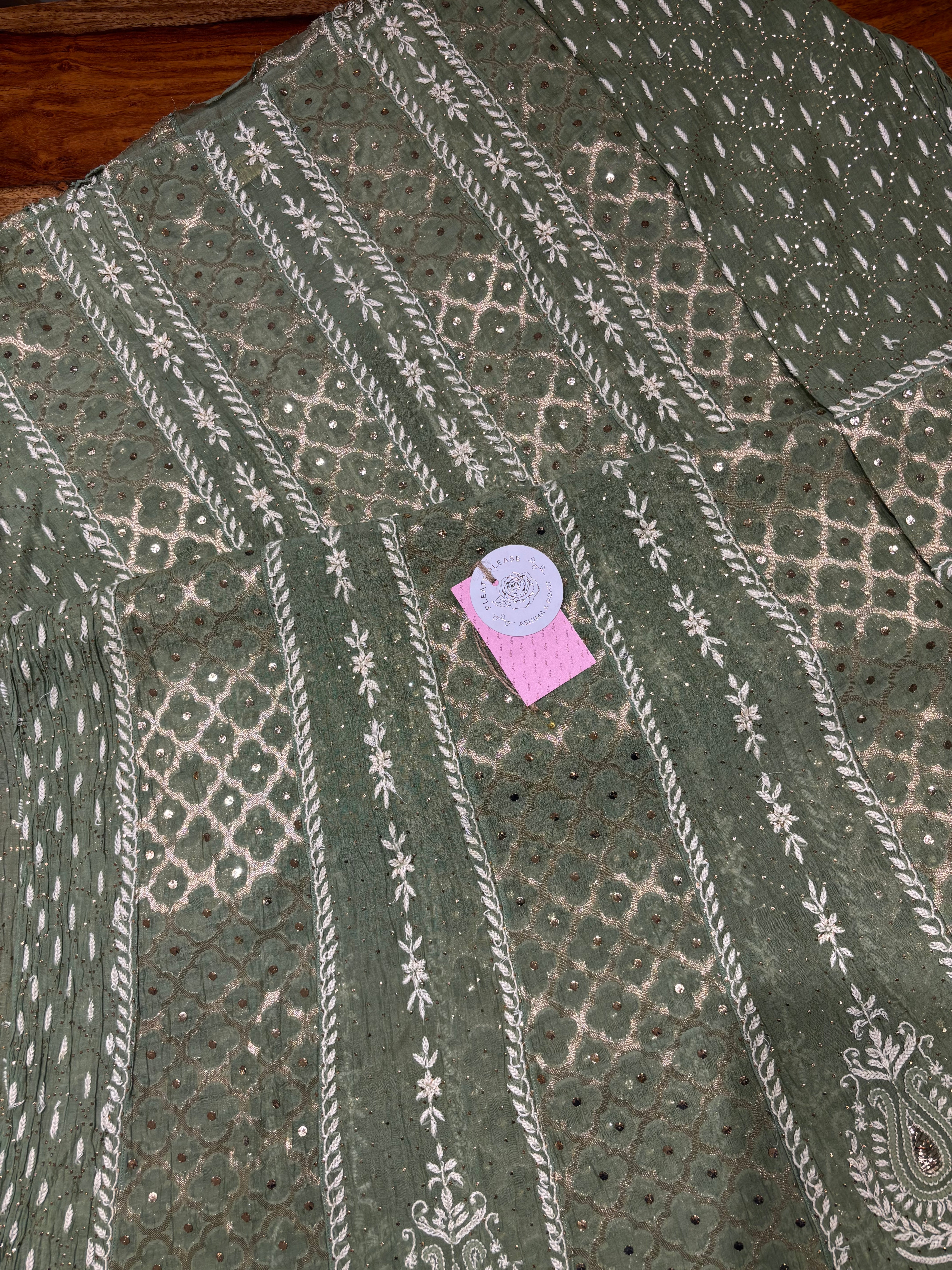 Olive Green Chanderi Mul Chikankari & Mukaish Anarkali & Dupatta Set