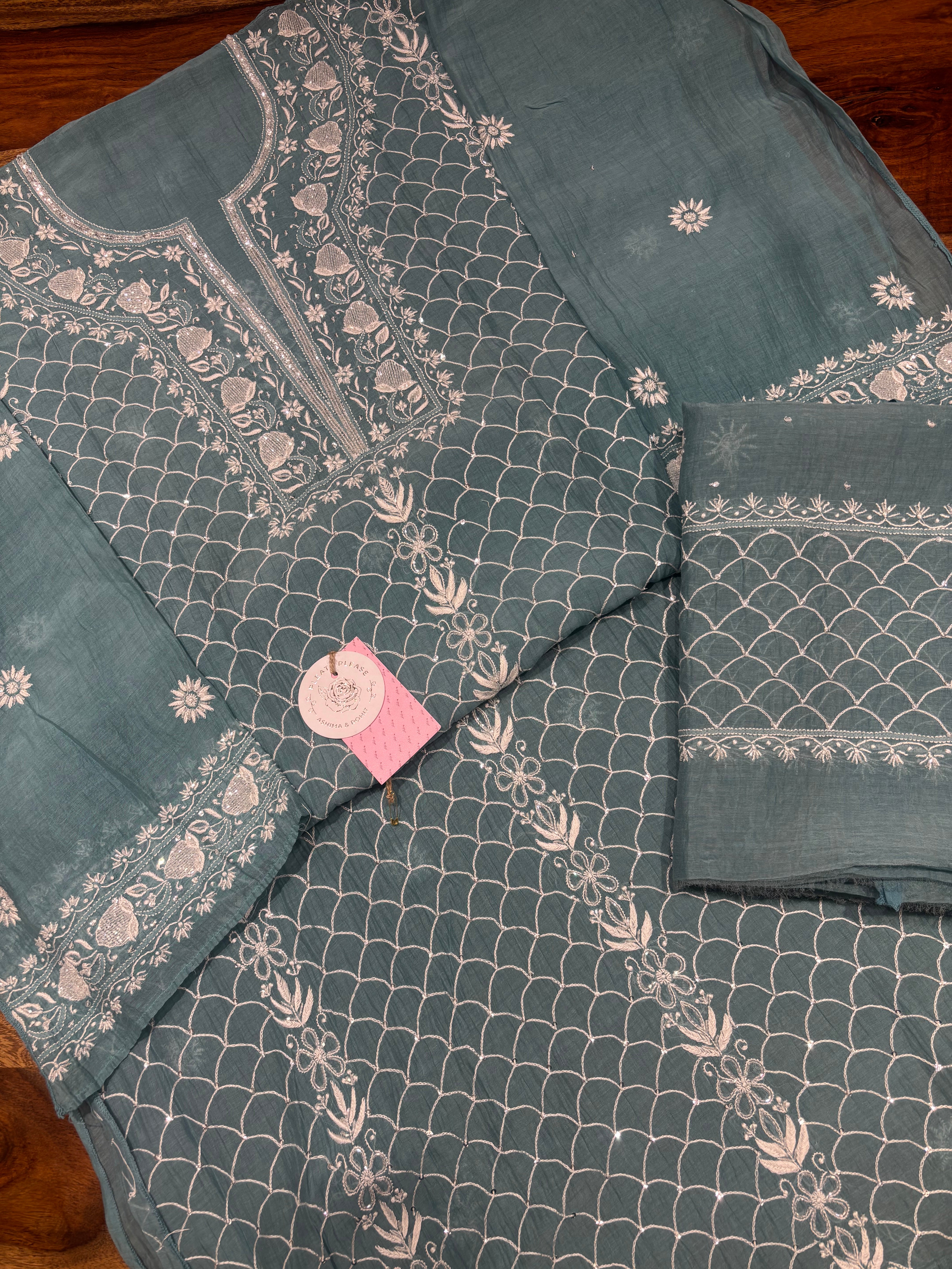 Turquoise Blue Chanderi Mul Chikankari Kurta & Dupatta Set