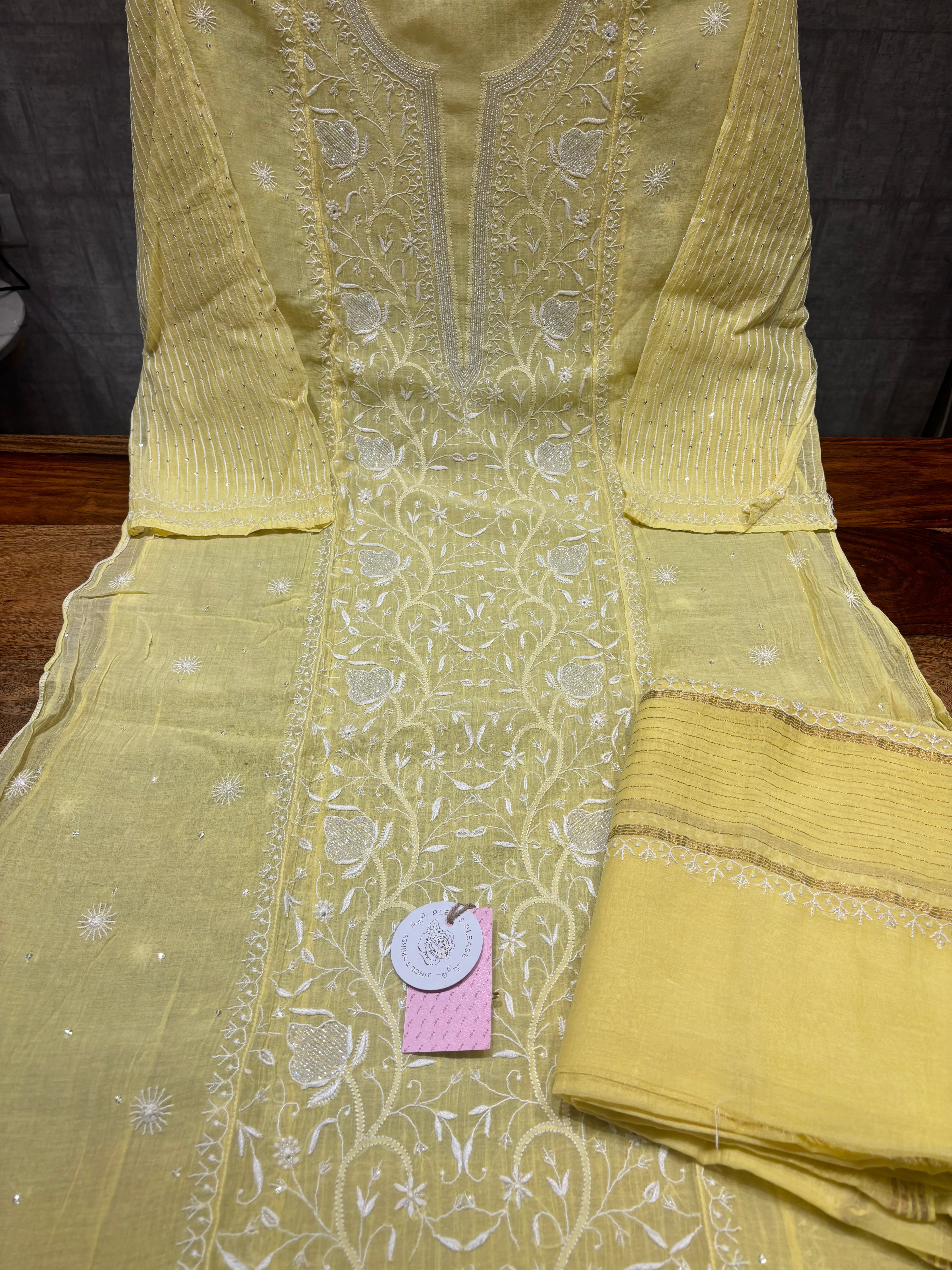 Yellow Chanderi Mul Chikankari Kurta & Dupatta Set