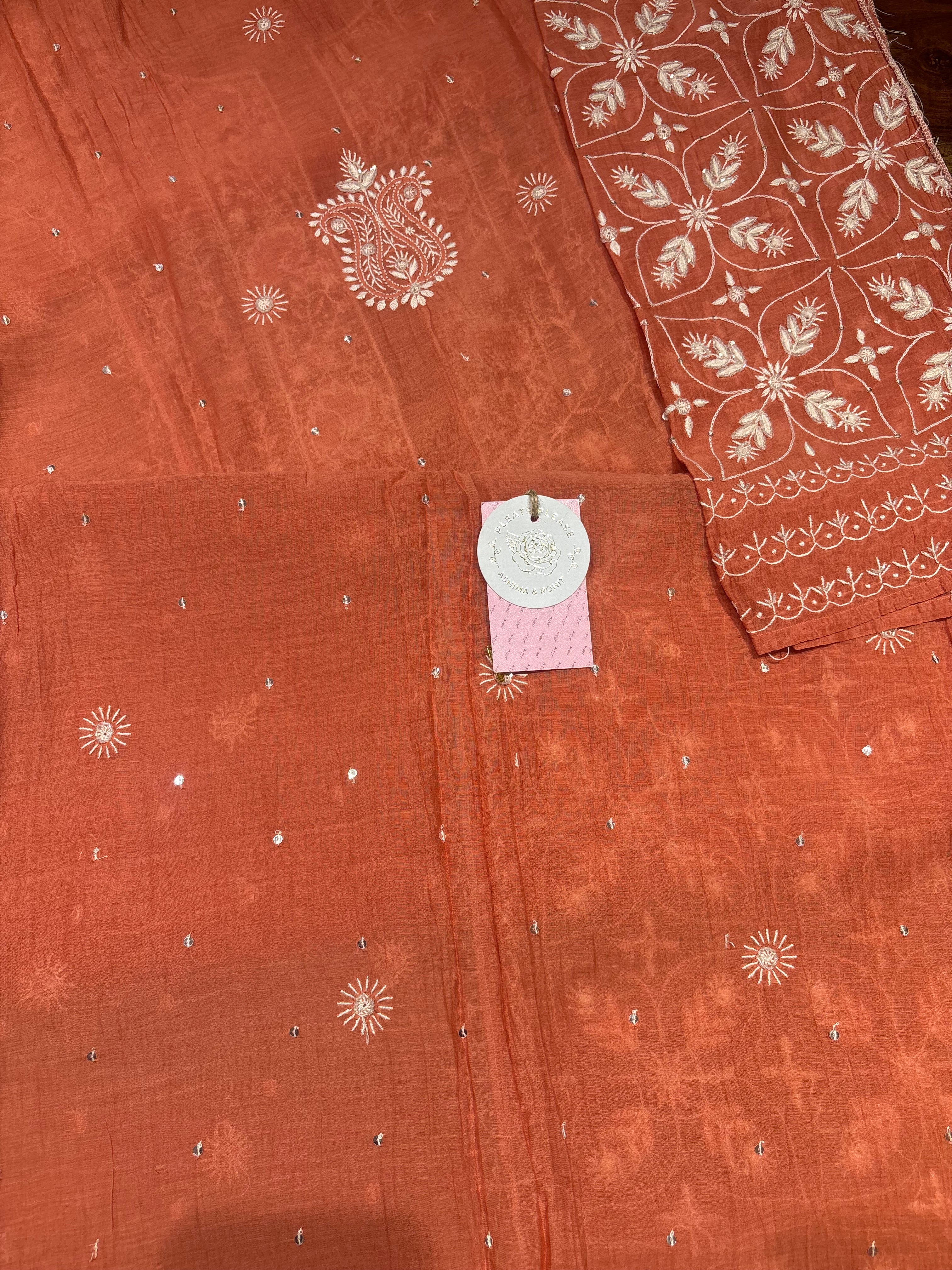 Coral Chanderi Mul Chikankari Kurta and Dupatta Set