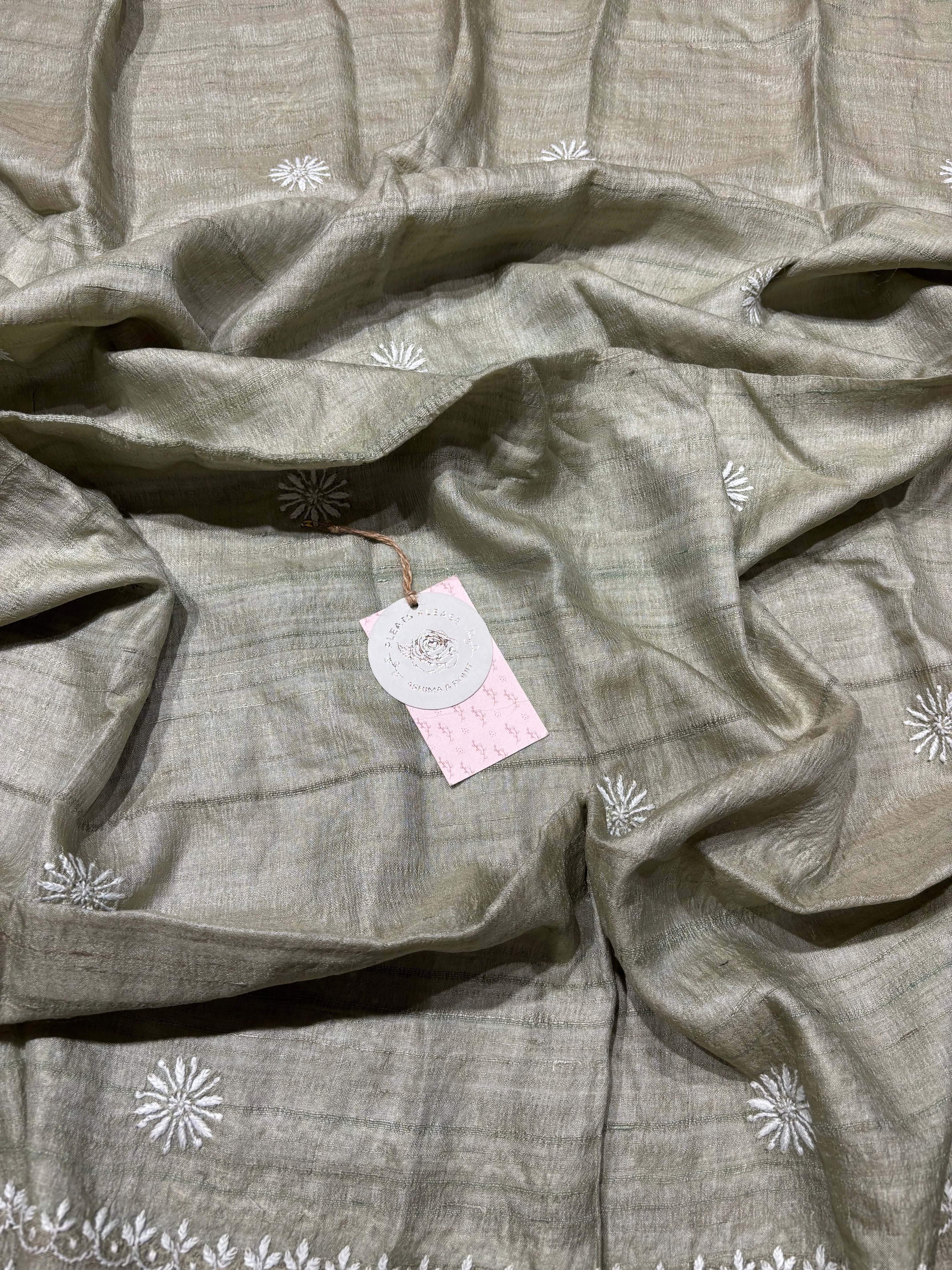 Sage Green Tussar silk Chikankari Kurta and Dupatta set