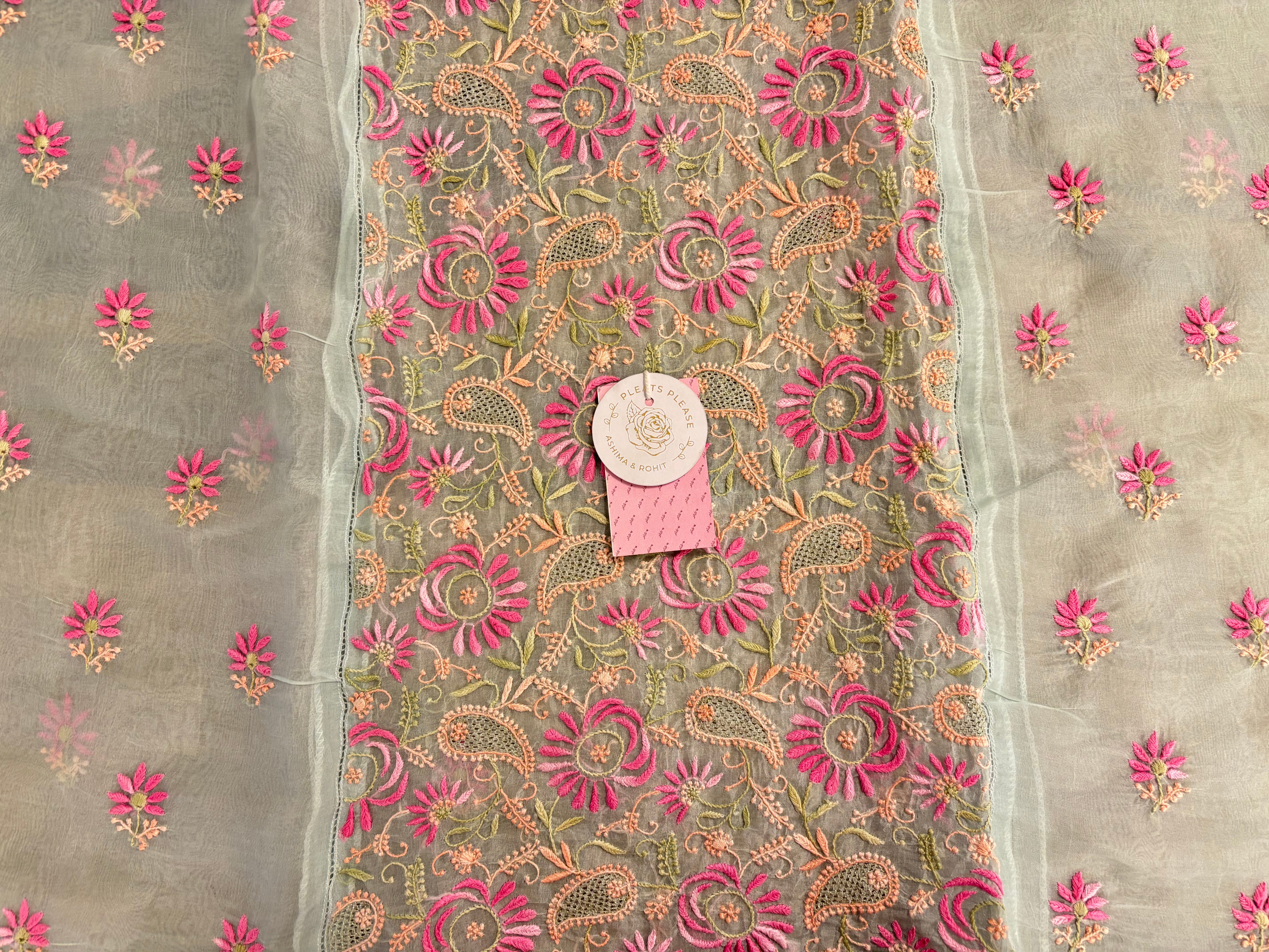 Sea Foam Green Organza Chikankari Kurta & Dupatta - Pleats PleaseChikankari