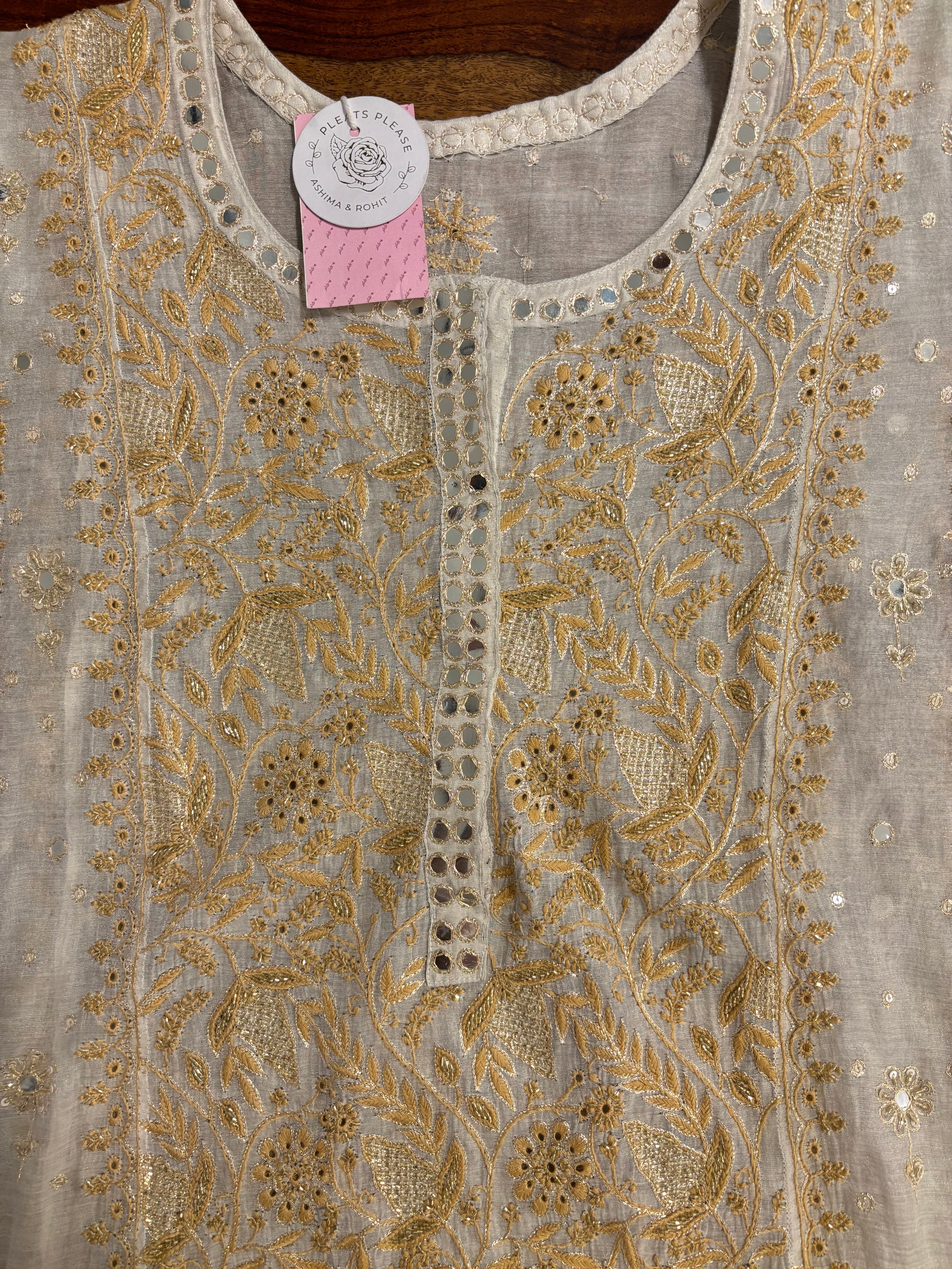 Dyeable Silver Tissue Mirror Neckline Chikankari Kurta & Dupatta