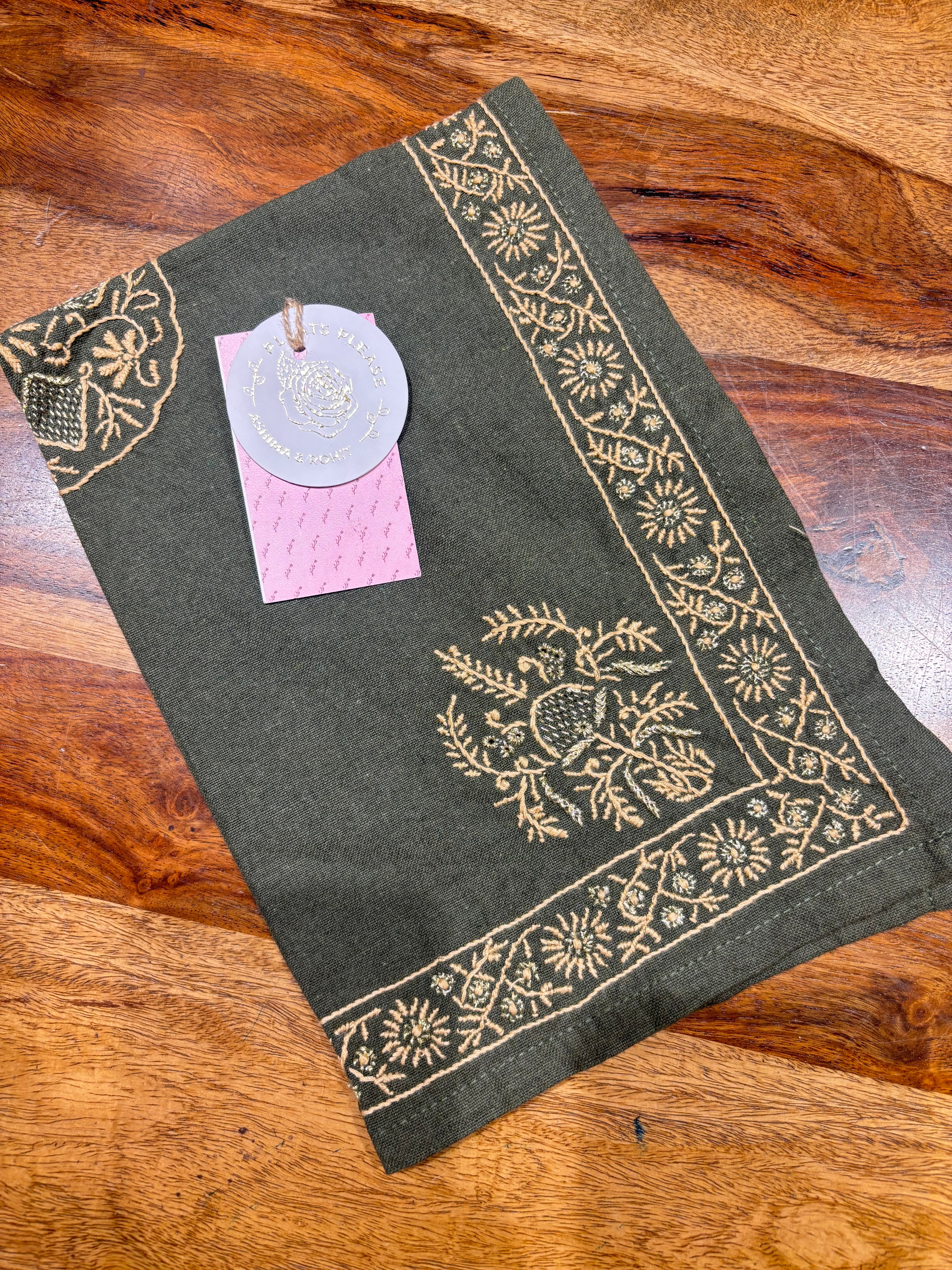 Olive Green Linen Cotton Chikankari Table Mat