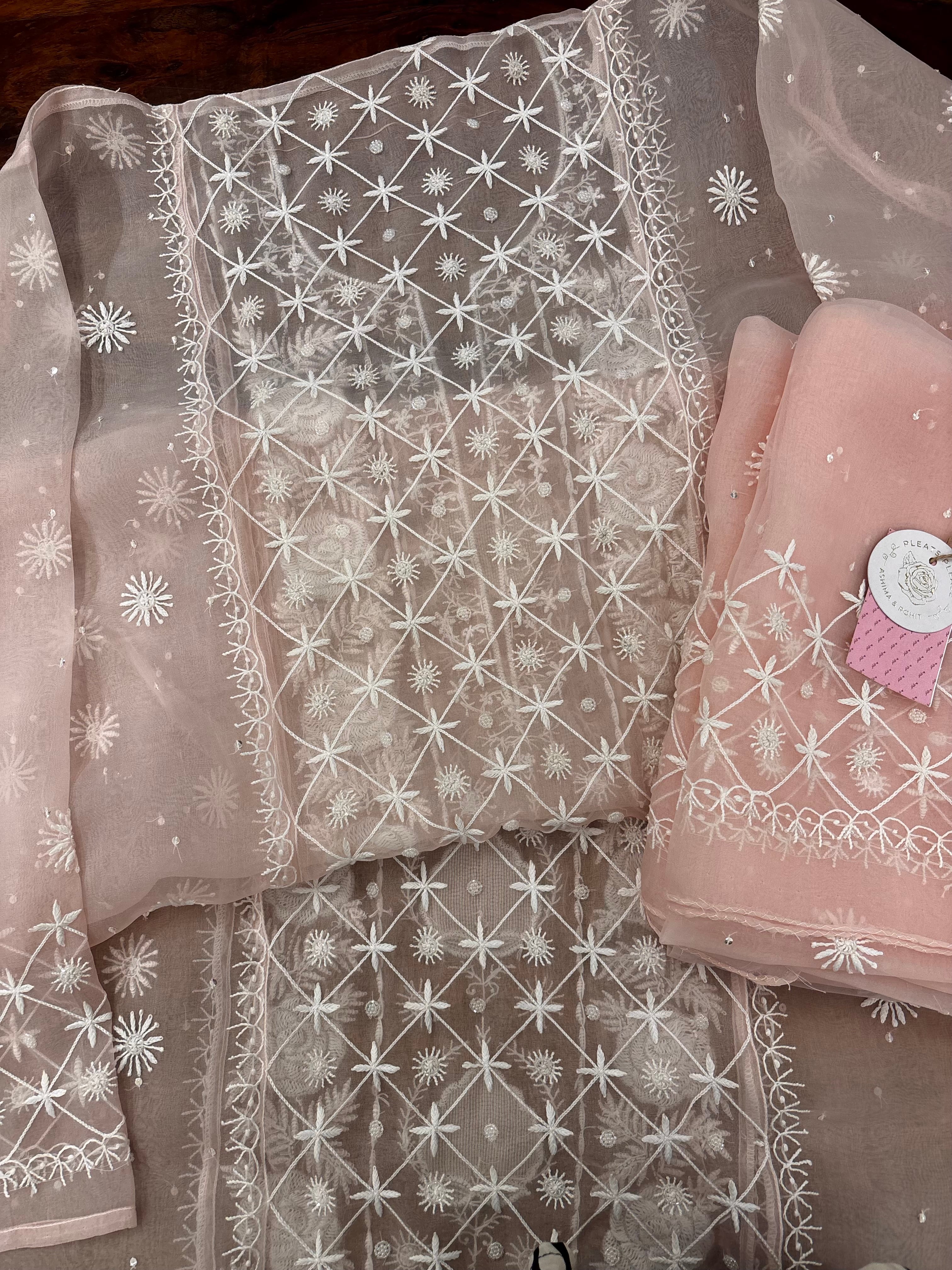 Baby Pink Pure Organza Chikankari Kurta & Dupatta - Pleats PleaseChikankari