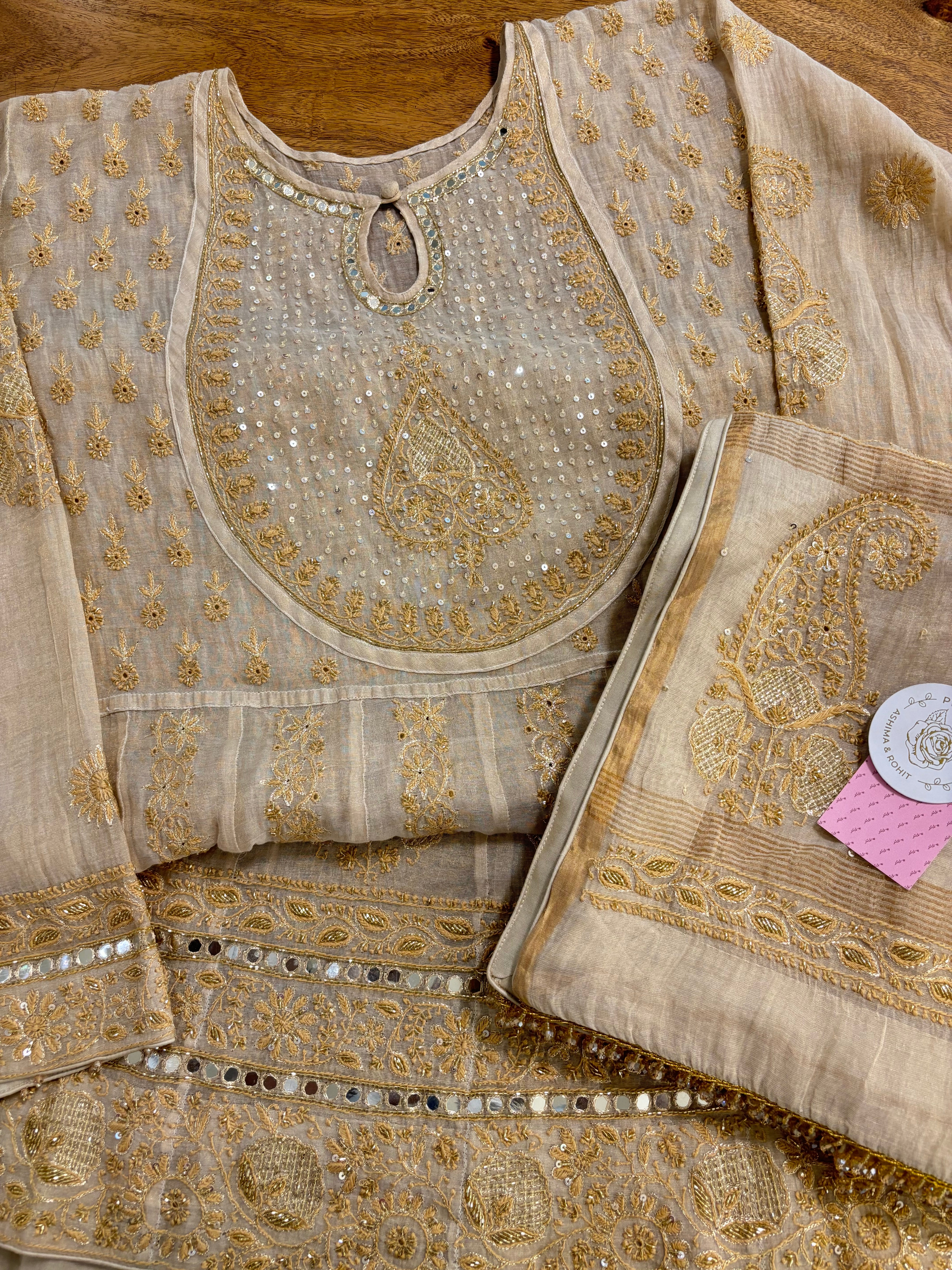Dyeable Pure & Premium Tissue Mirror Chikankari Bajirao Anarkali & Dupatta