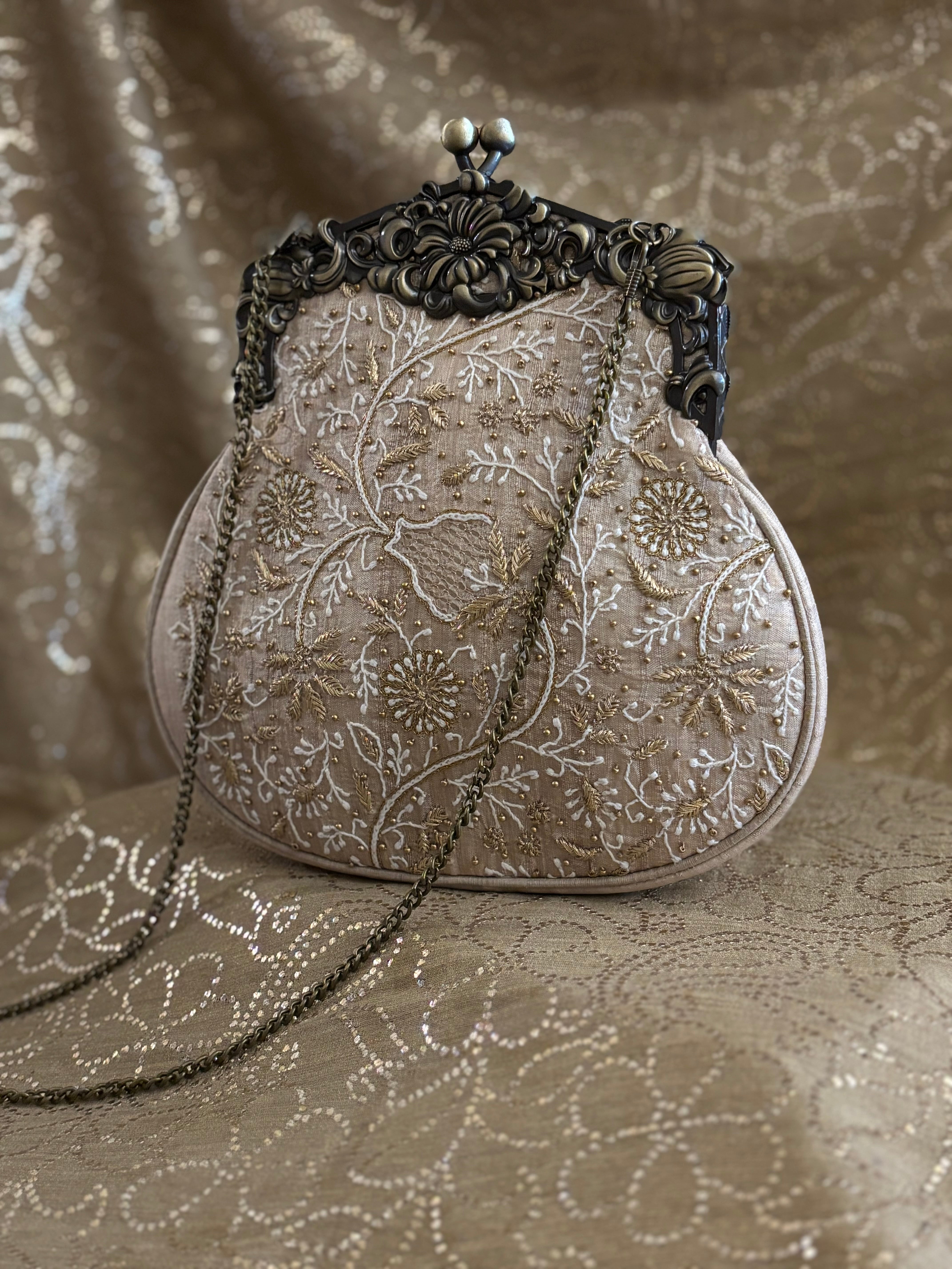 Beige Chikankari Clutch Bag