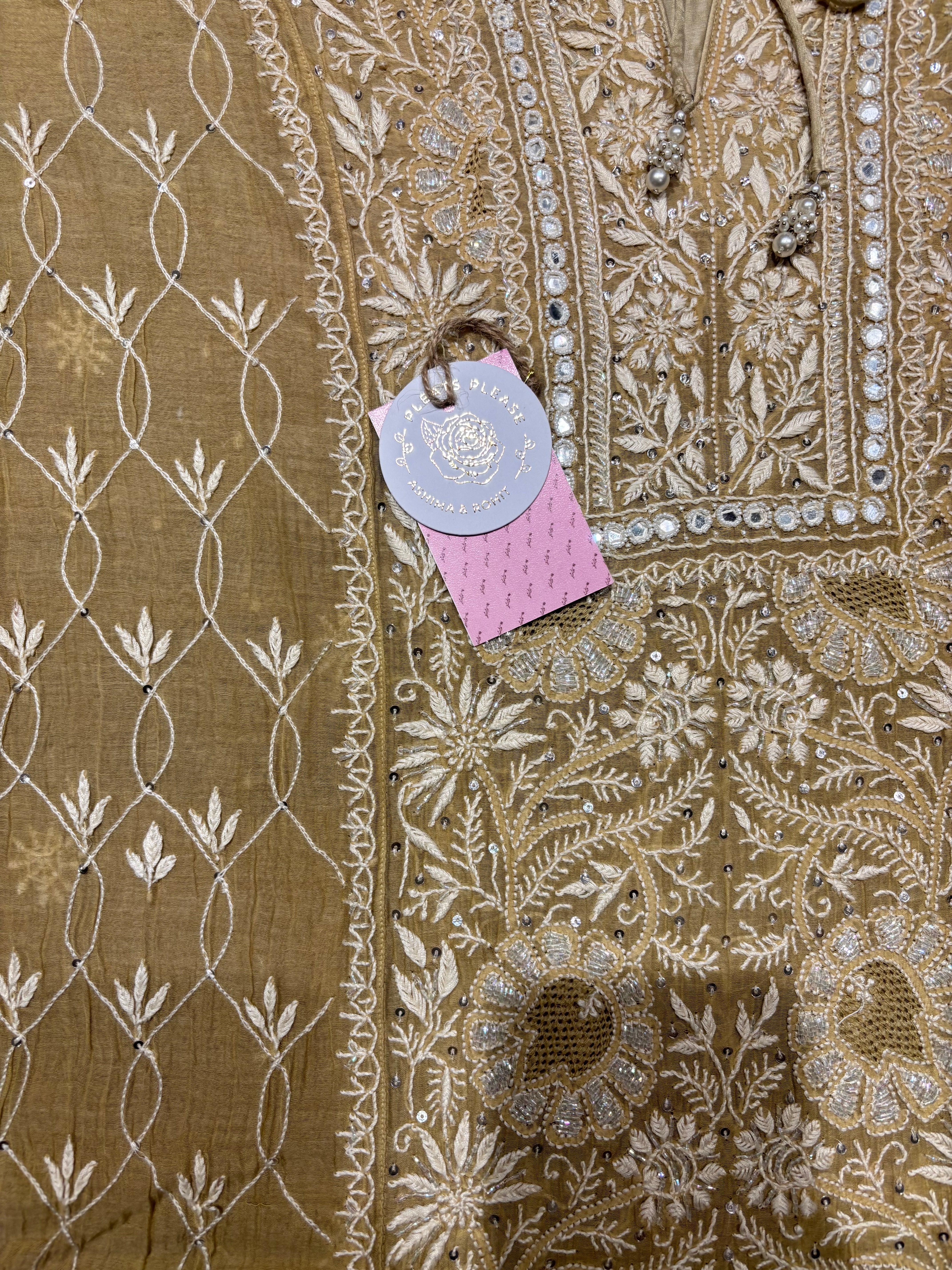 Mustard Gold Chanderi Mul Chikankari kurta and Dupatta Set