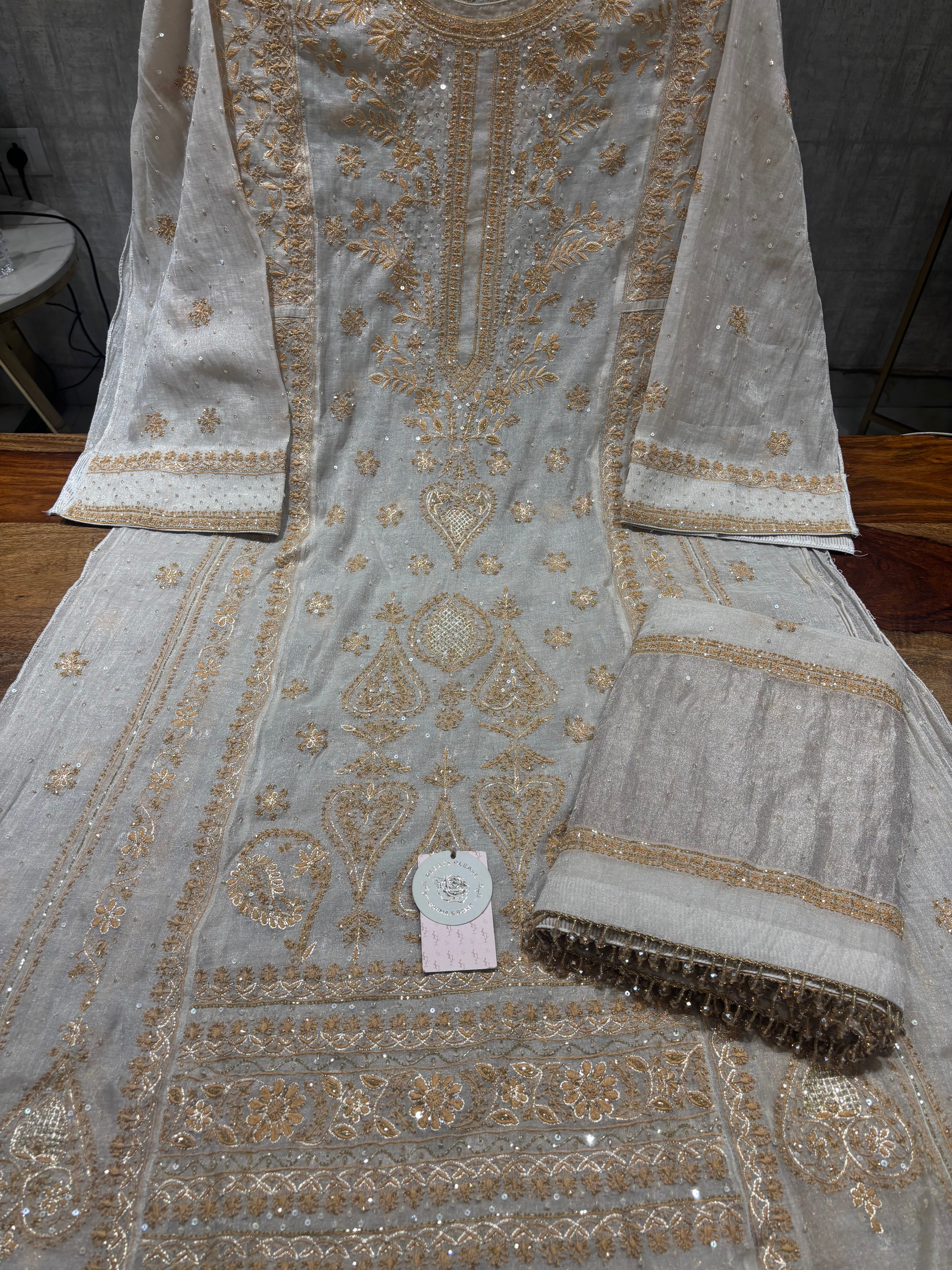 Dyeable Pure & Premium Silver Tissue Chikankari A- Line Anarkali & Dupatta Set