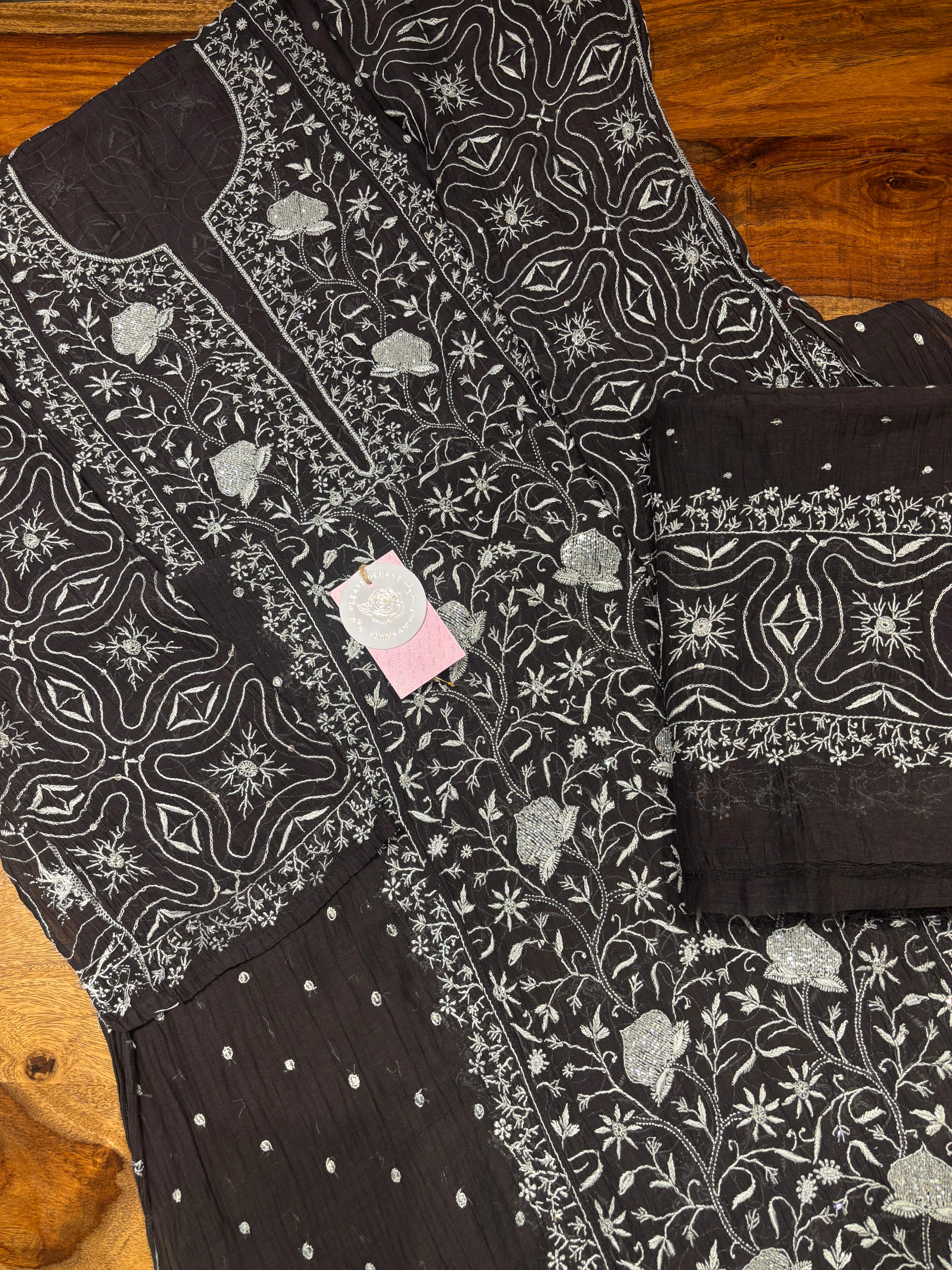 Black Chanderi Mul Chikankari Kurta & Dupatta Set
