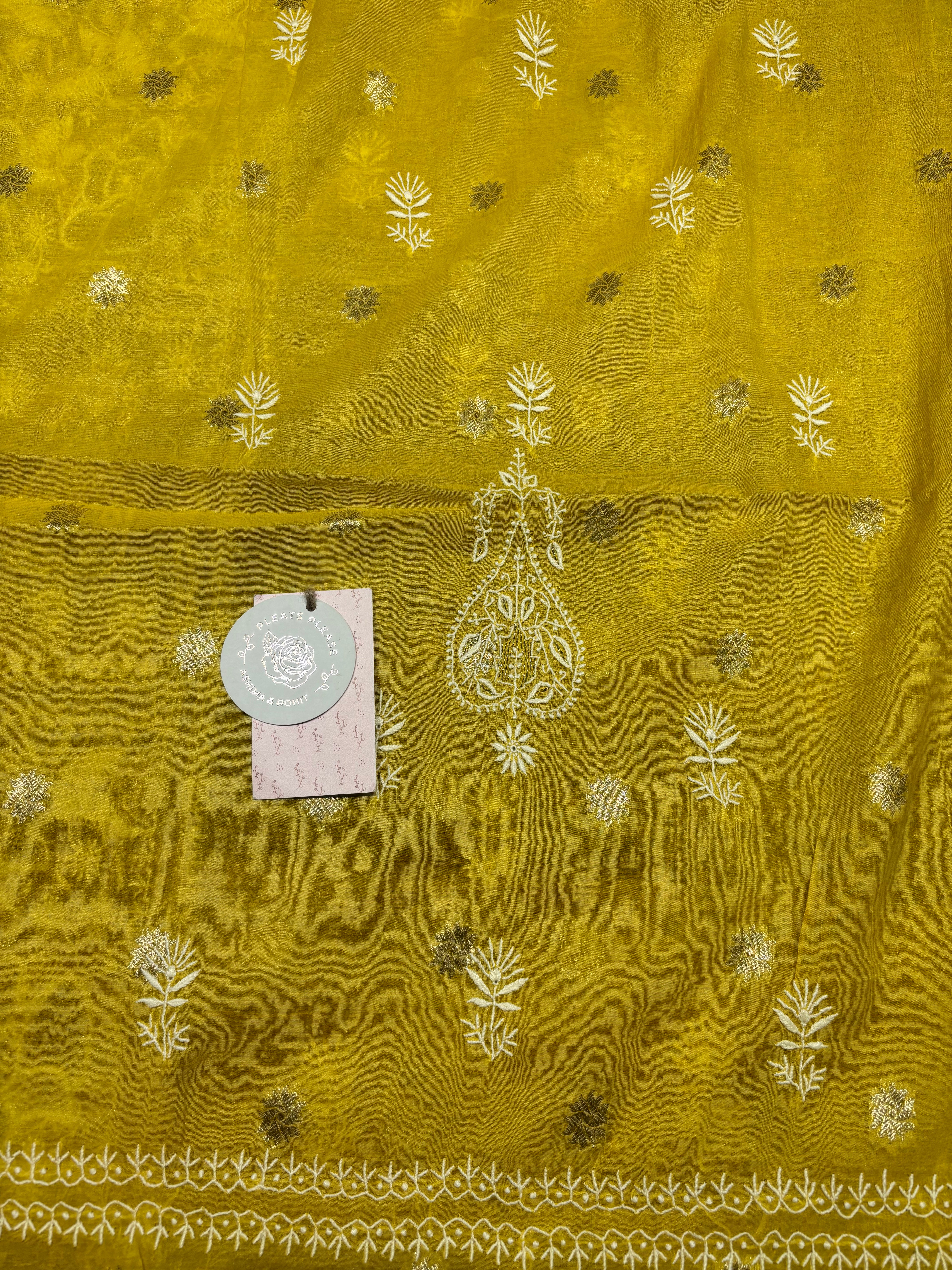 Yellow Chanderi Silk Chikankari Kurta & Dupatta Fabric