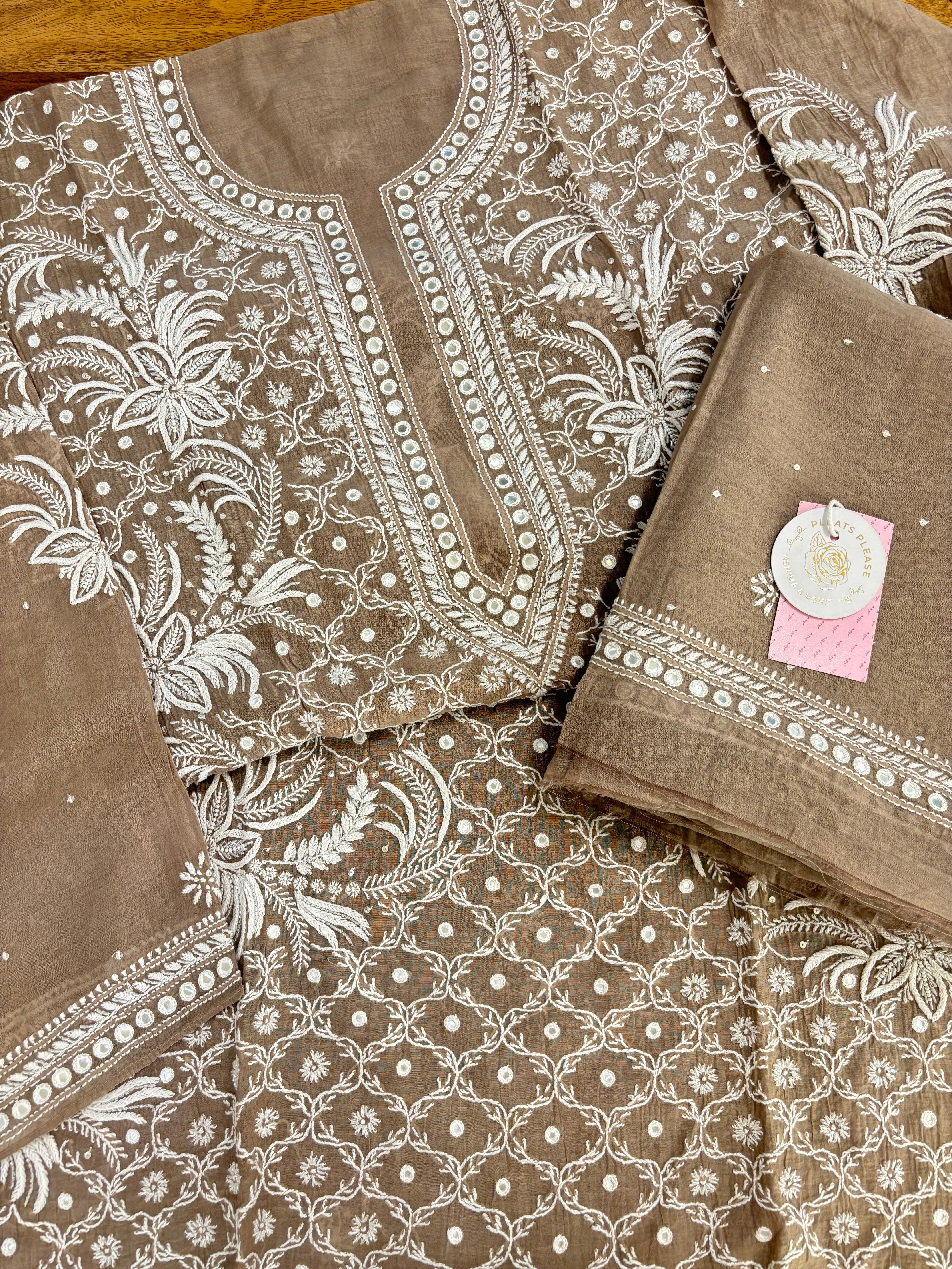 Camel Brown Chanderi Mul Mirror Chikankari Kurta & Dupatta