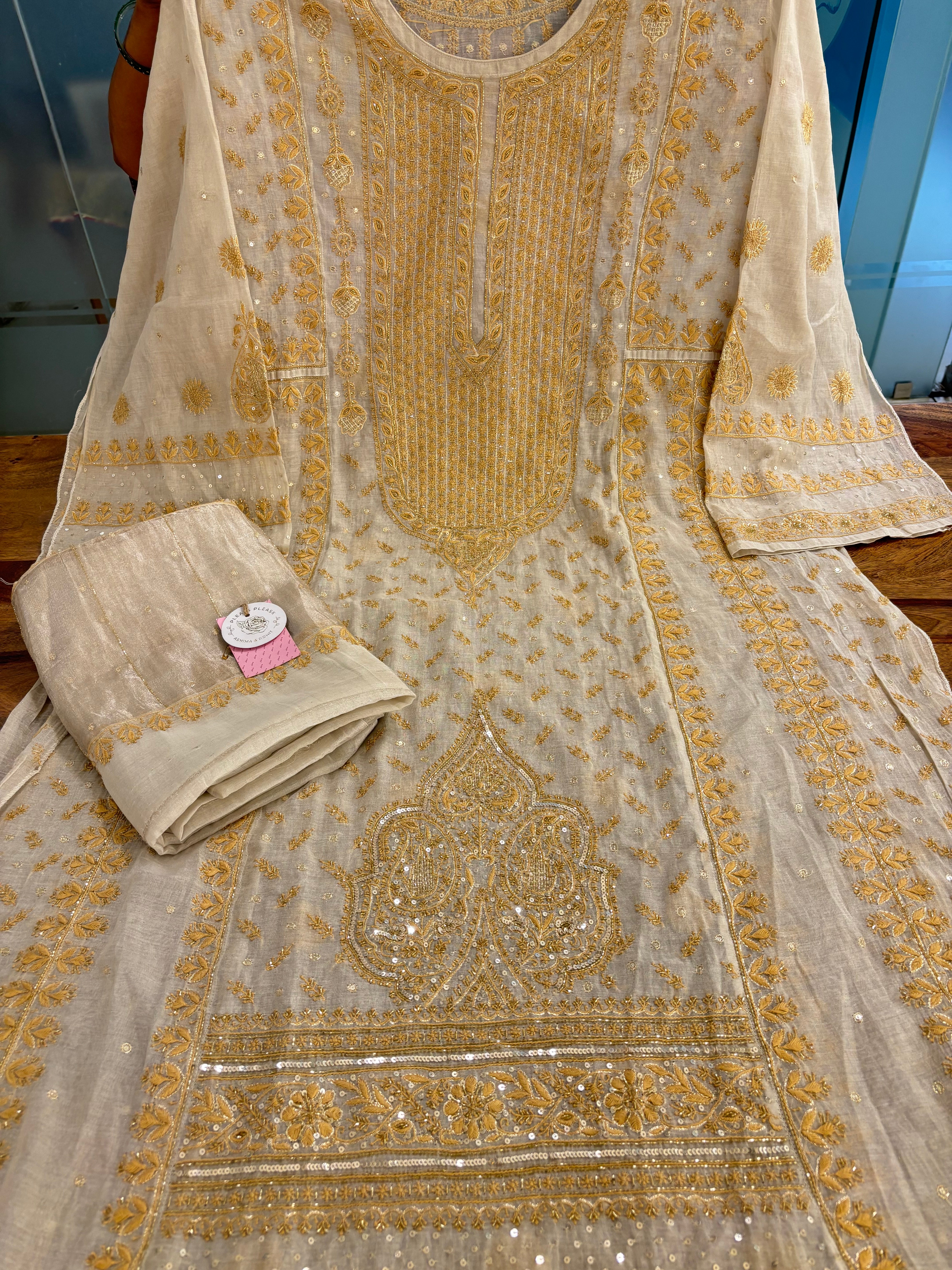 Dyeable Ivory Silver Pure & Premium Tissue Chikankari Kurta & Dupatta