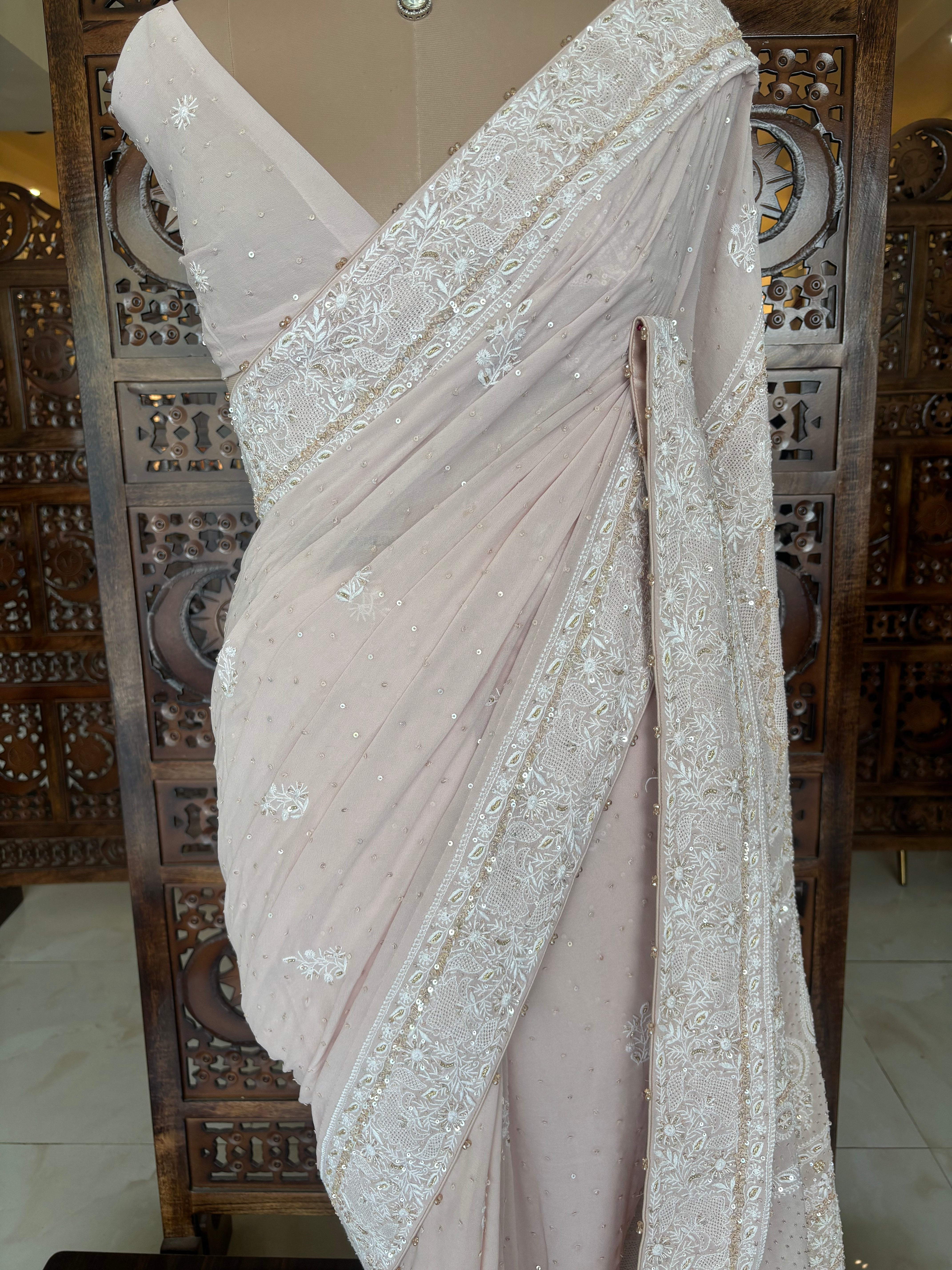 Baby Pink Pure & Premium Georgette Chikankari Zardozi Saree - Pleats PleaseChikankari