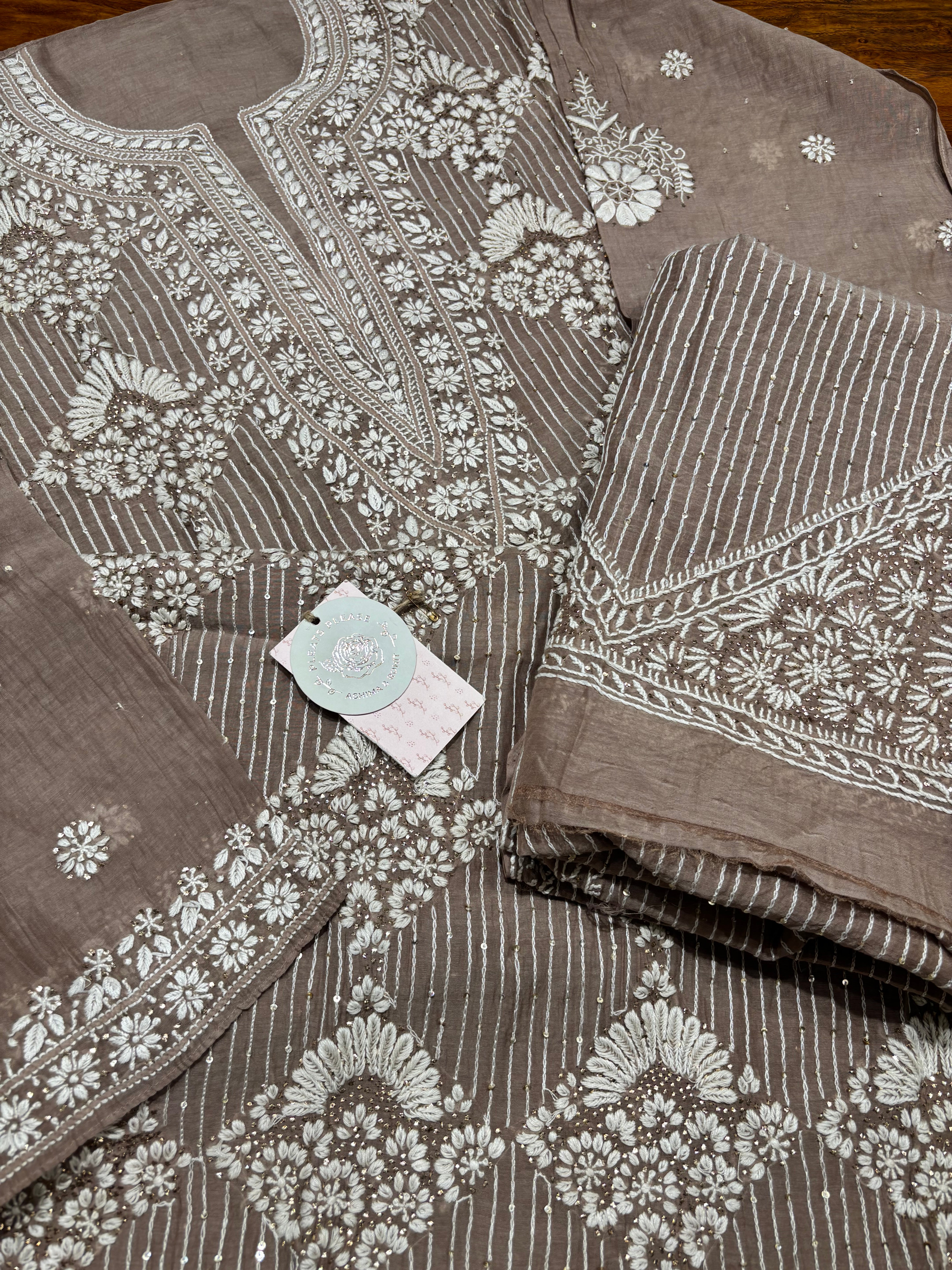Brown Chanderi Mul Chikankari & Mukaish Kurta and Heavy Dupatta Set