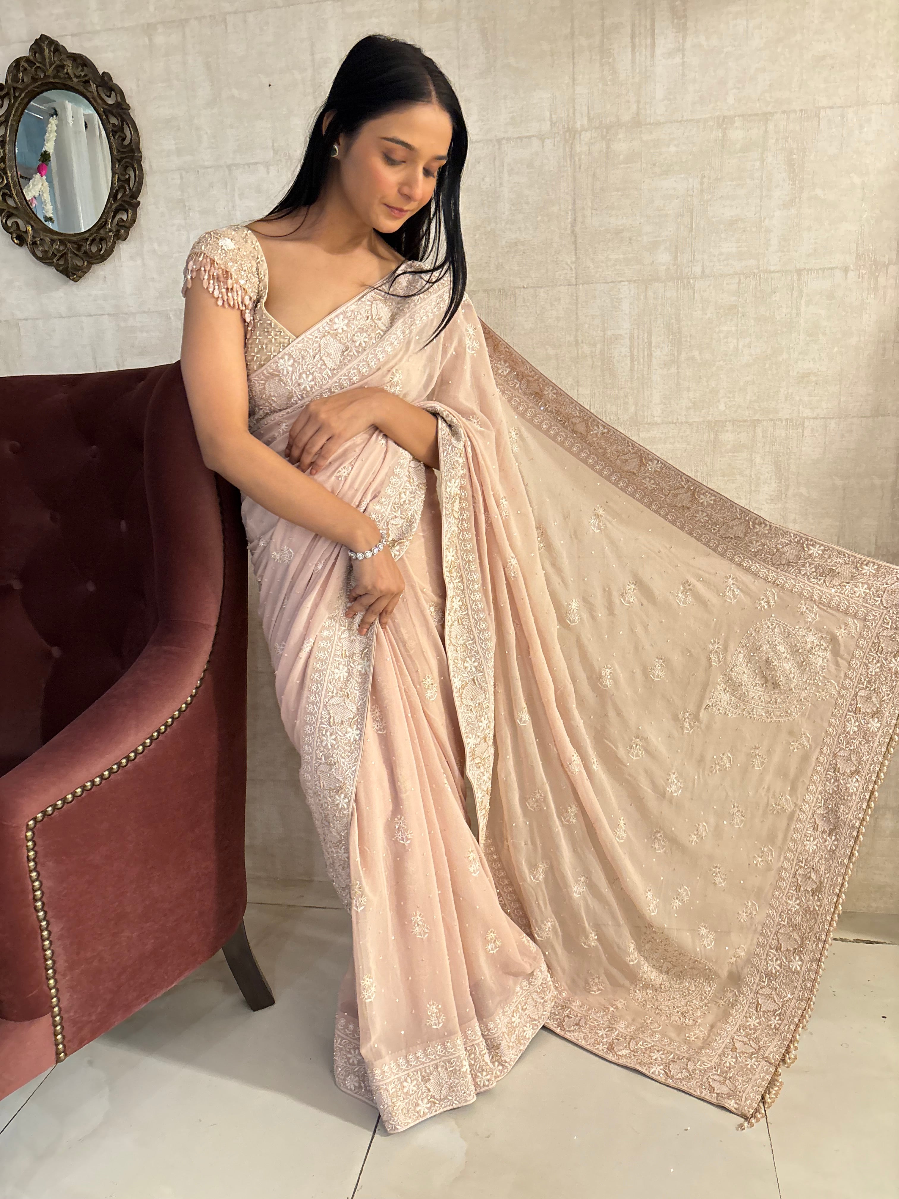 Peach Pure & Premium Georgette Chikankari Saree & Blouse