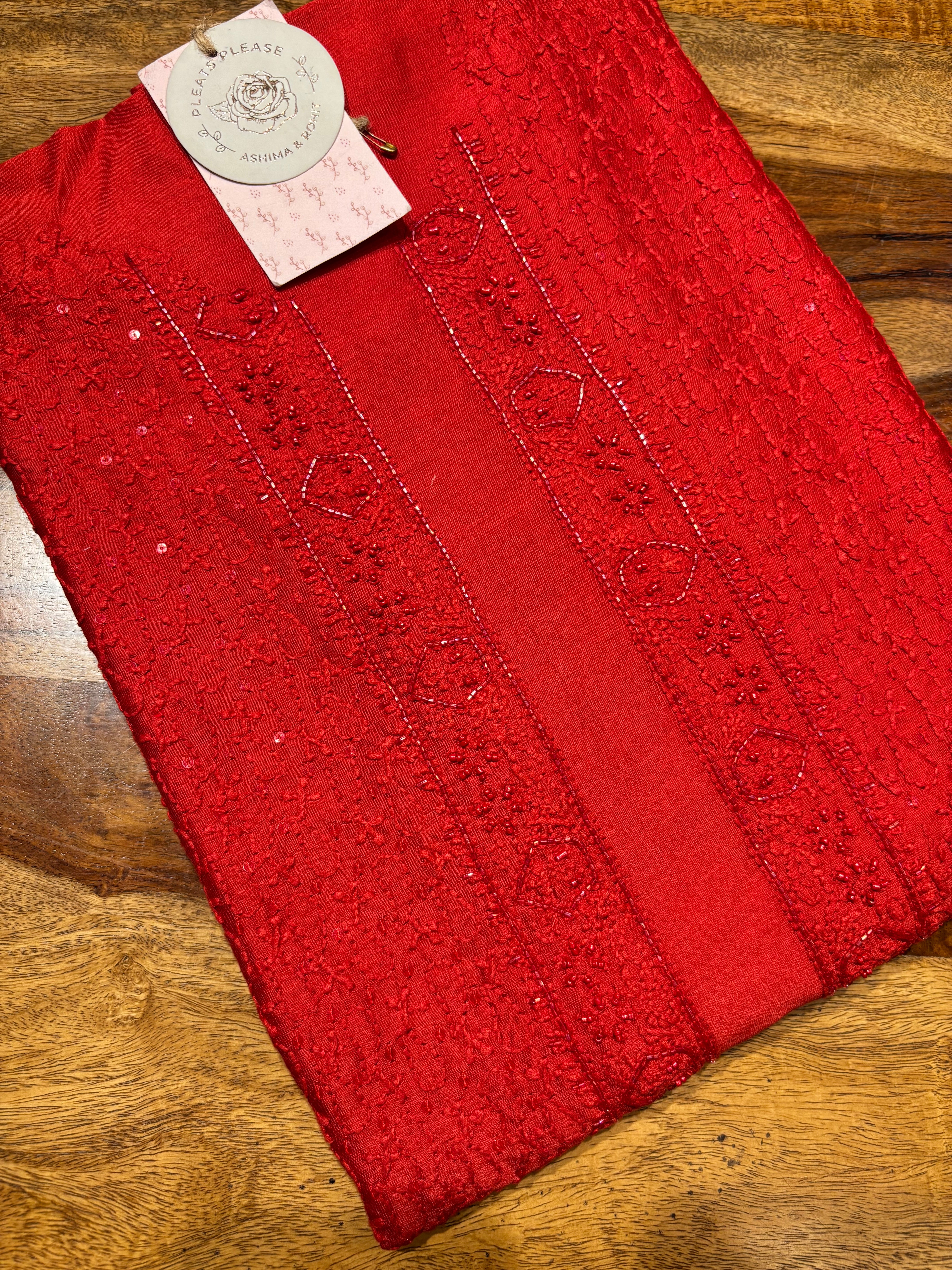 Red Chanderi Silk Chikankari Men’s Kurta Fabric