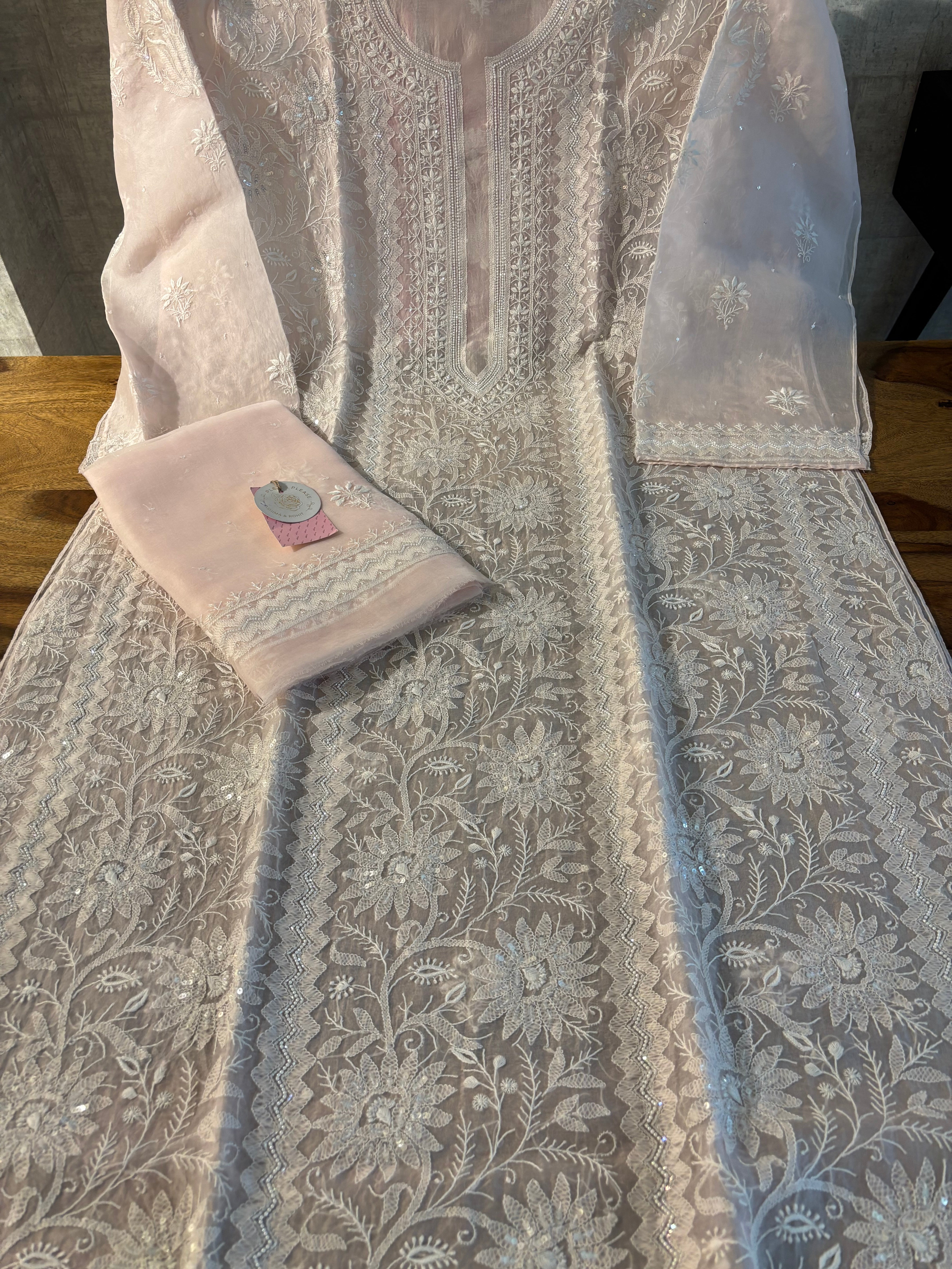 Baby pink Organza Silk Chikankari Kurta & Dupatta