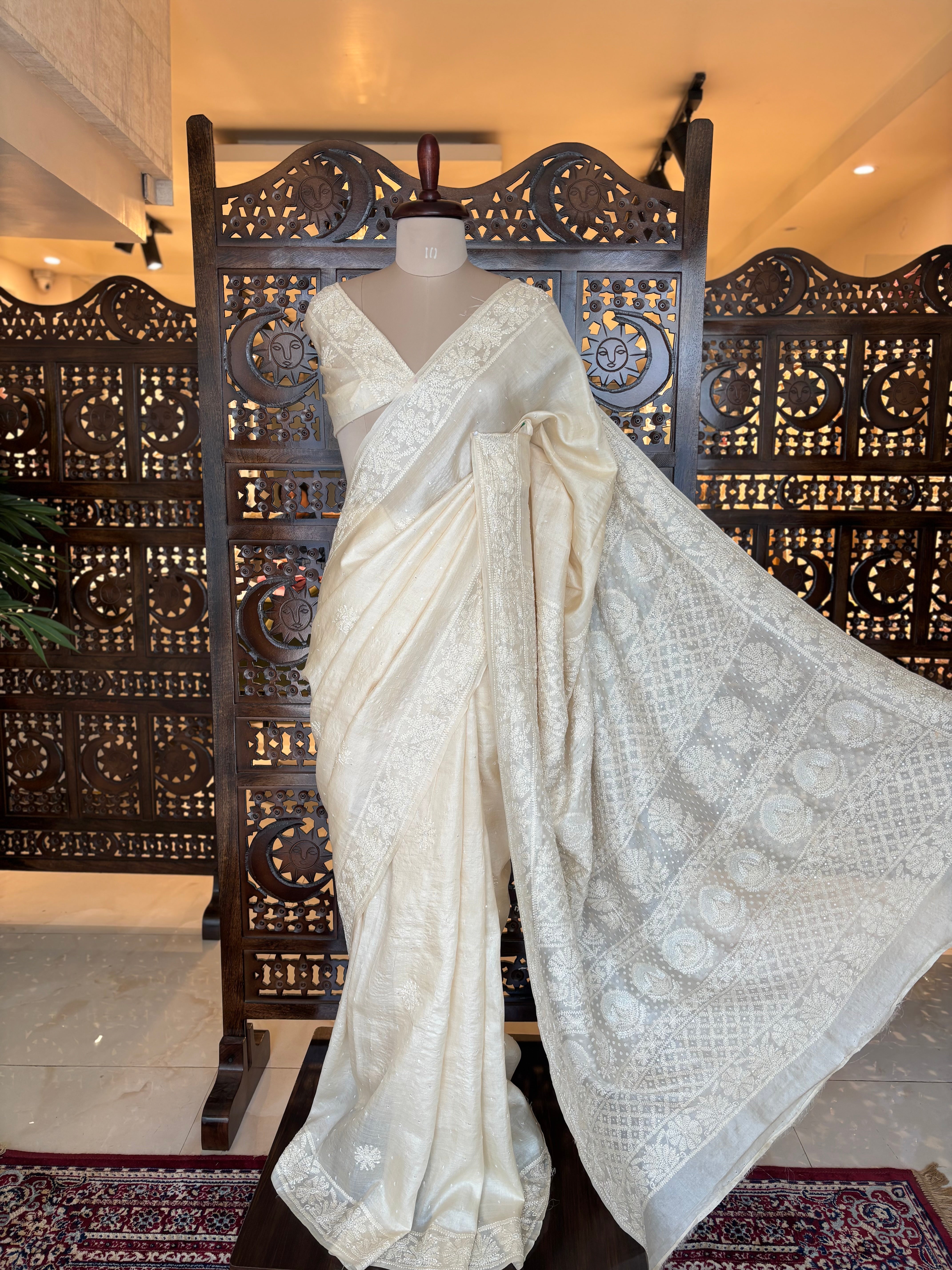 Dyeable Pure & Premium White Tussar Silk Chikankari Saree & Blouse