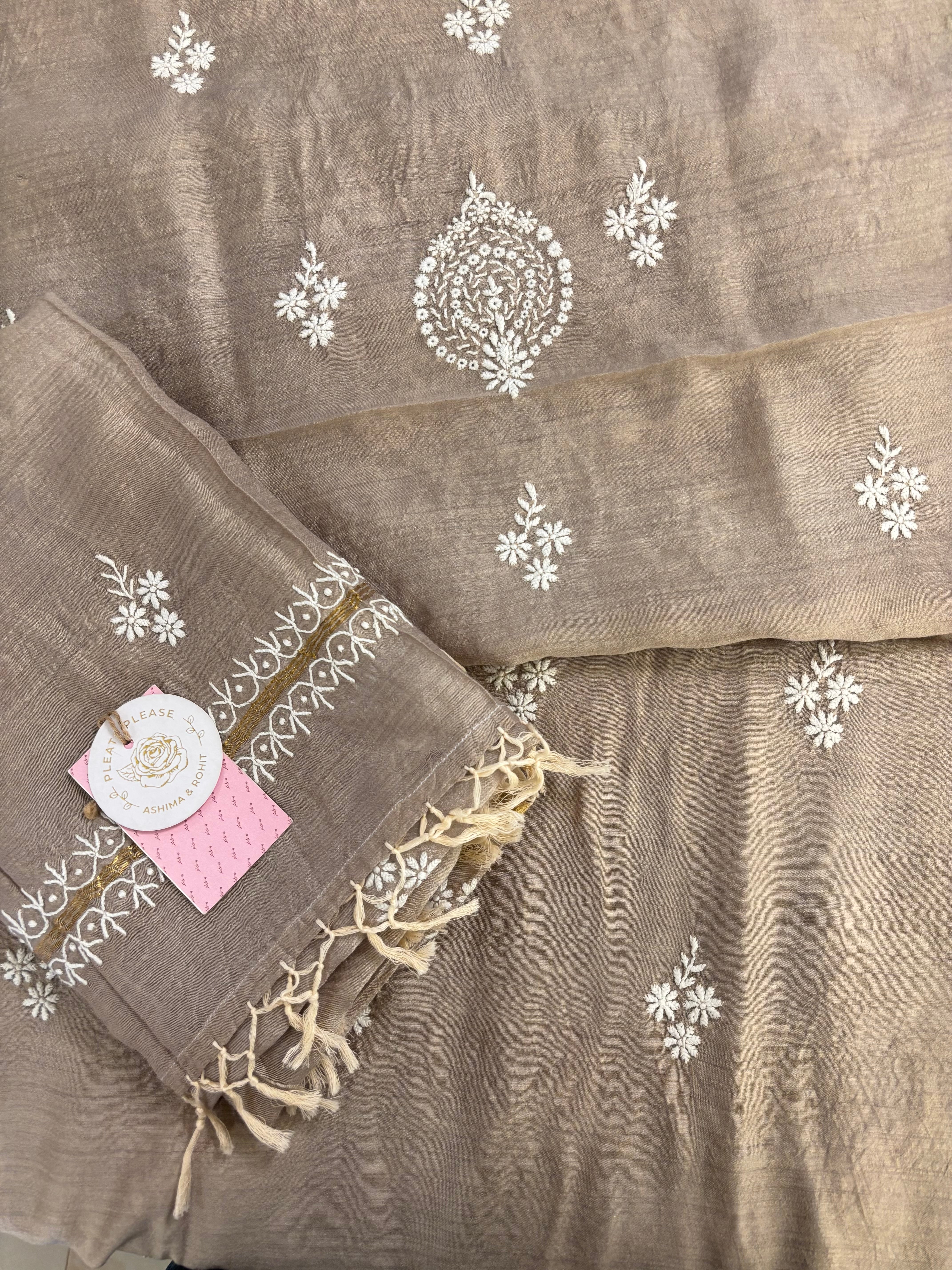 Hazelnut Brown Monga Silk Chikankari Kurta & Dupatta