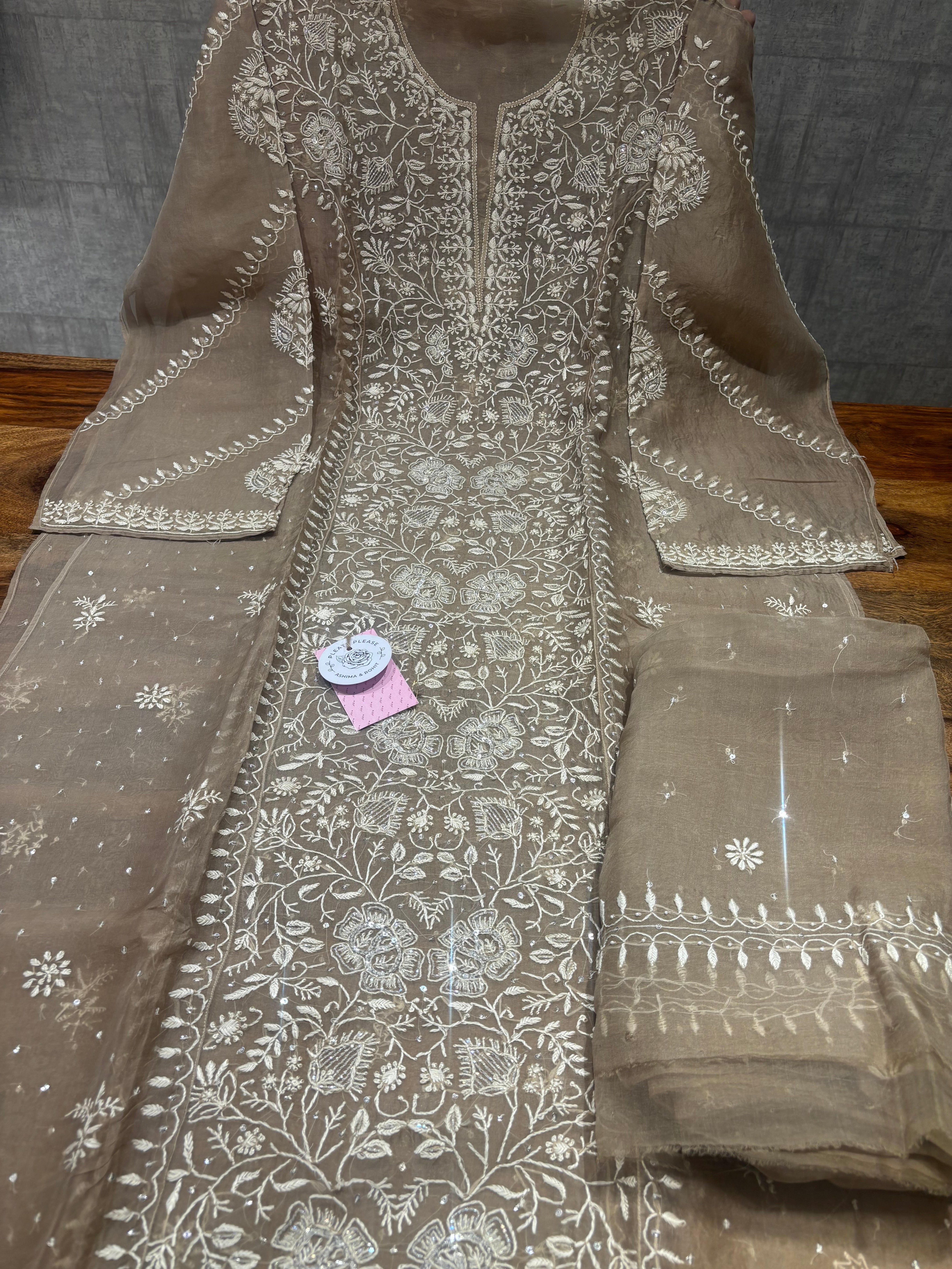 Brown Pure & Premium Organza Silk Chikankari Kurta & Dupatta Set