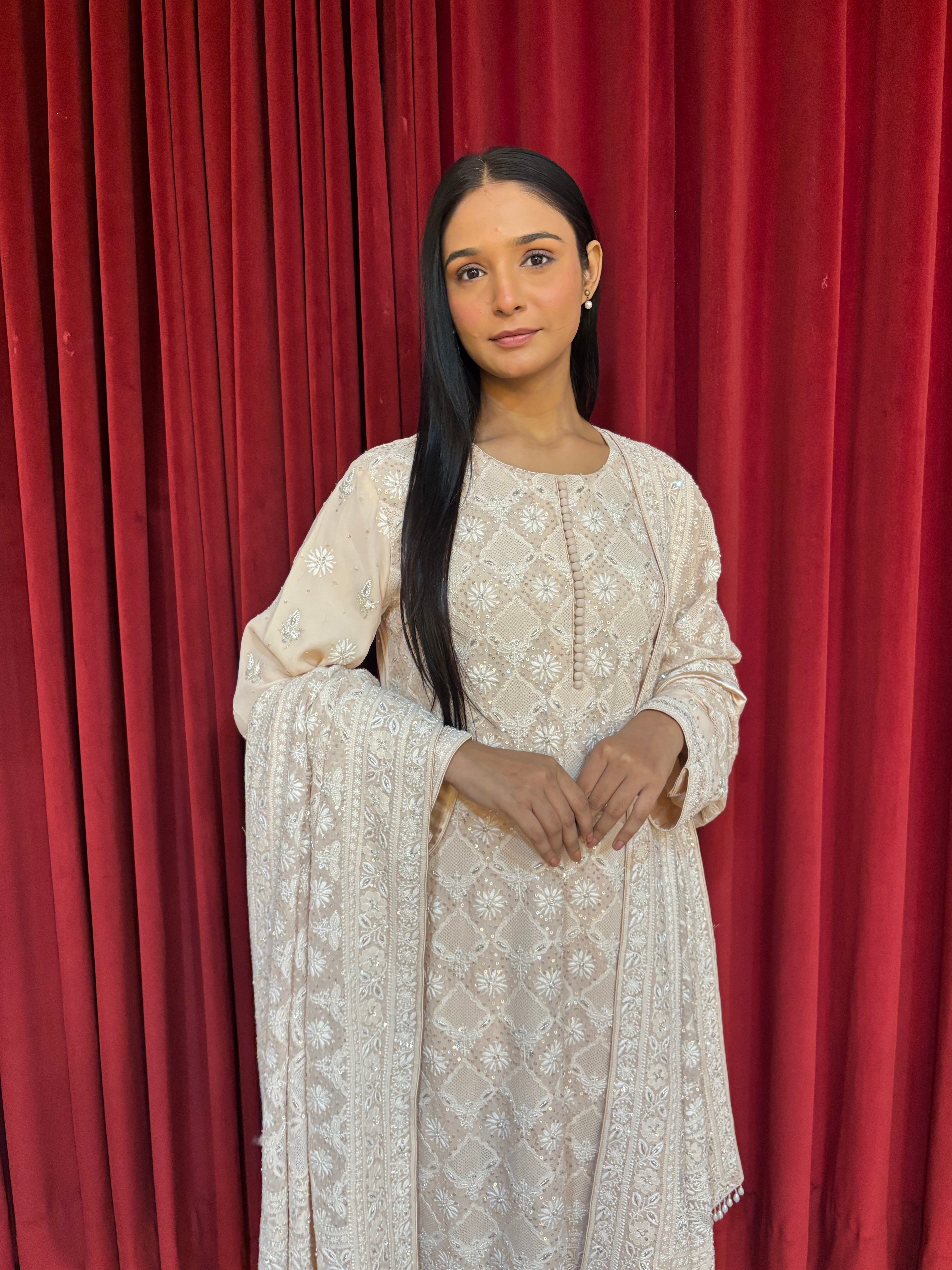 Peach Pure & Premium Georgette Chikankari Kurta & Dupatta Set