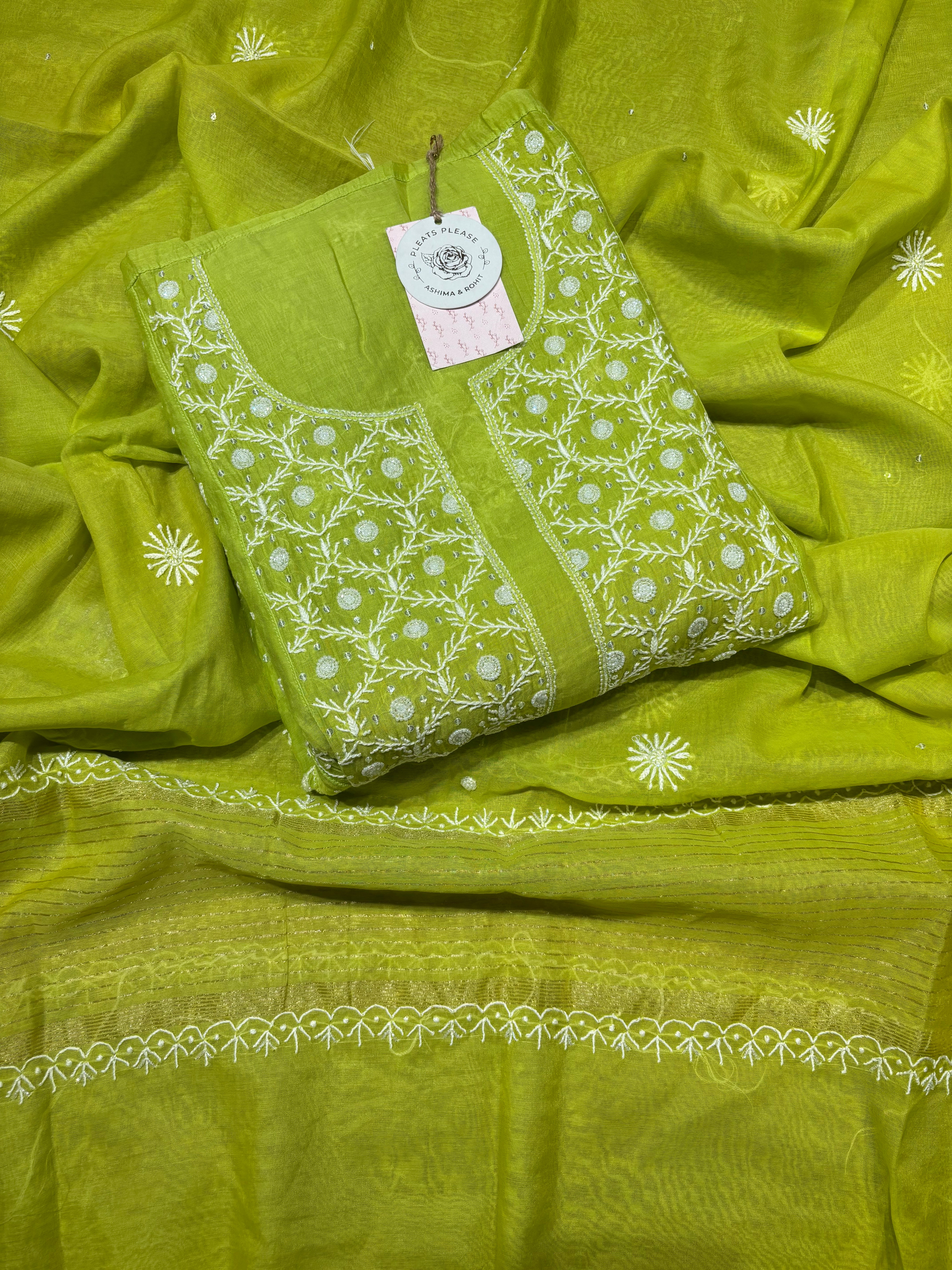 Green Chanderi Mul Chikankari Kalidar Kurta and Dupatta set