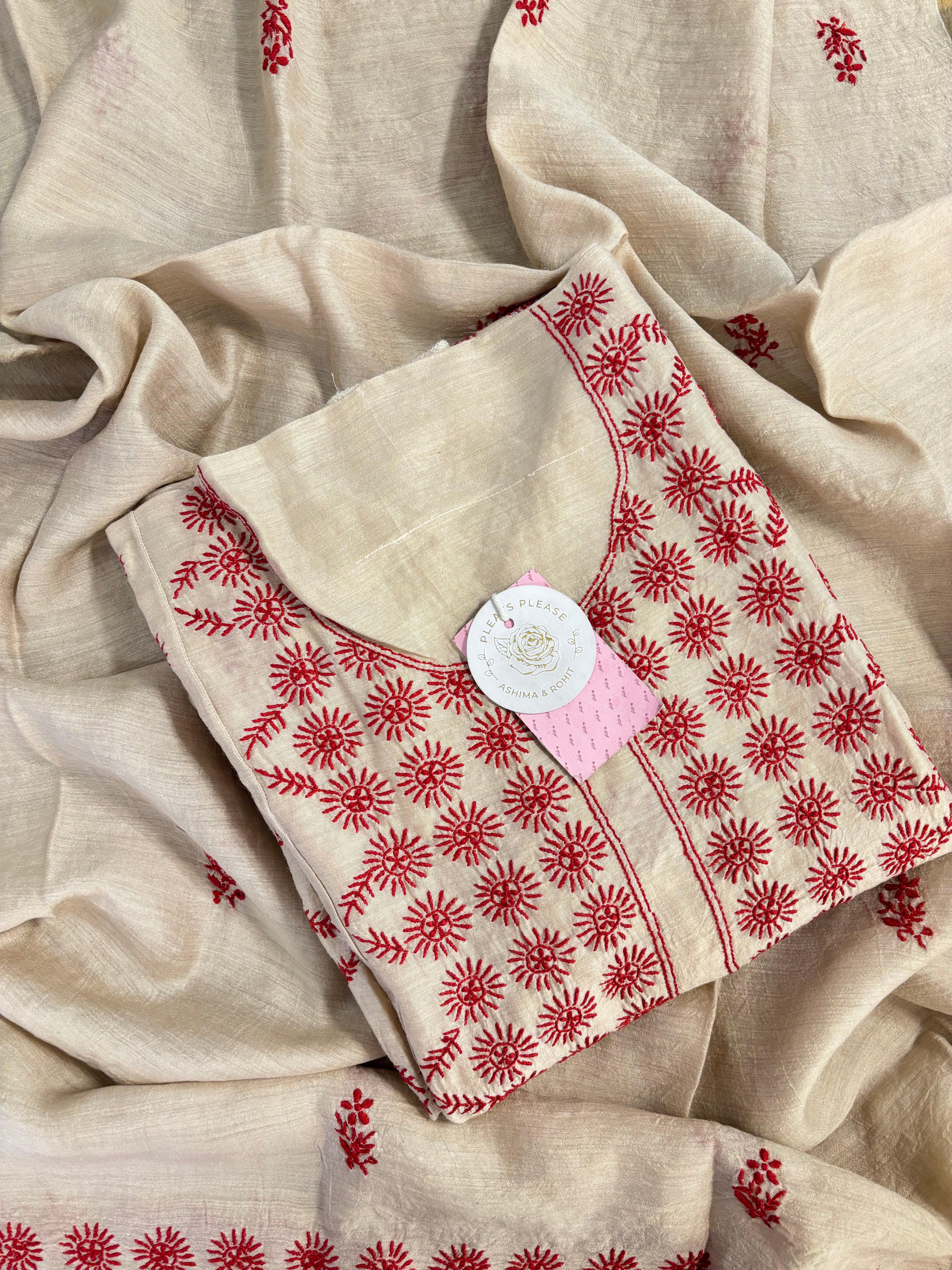 Dyeable Munga Silk Chikankari Kurta & Dupatta Set